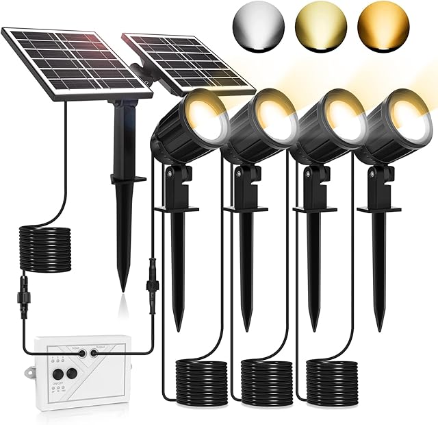 Solar Spot Lights Outdoor Garden, Linke 4 in 1 Warm & Cold 3 Color Adjustable Led Solar Powered Spotlight IP66 Waterproof Solar Landscape Spotlights Solar Fence Lights for Yard Lawn Tree Statue