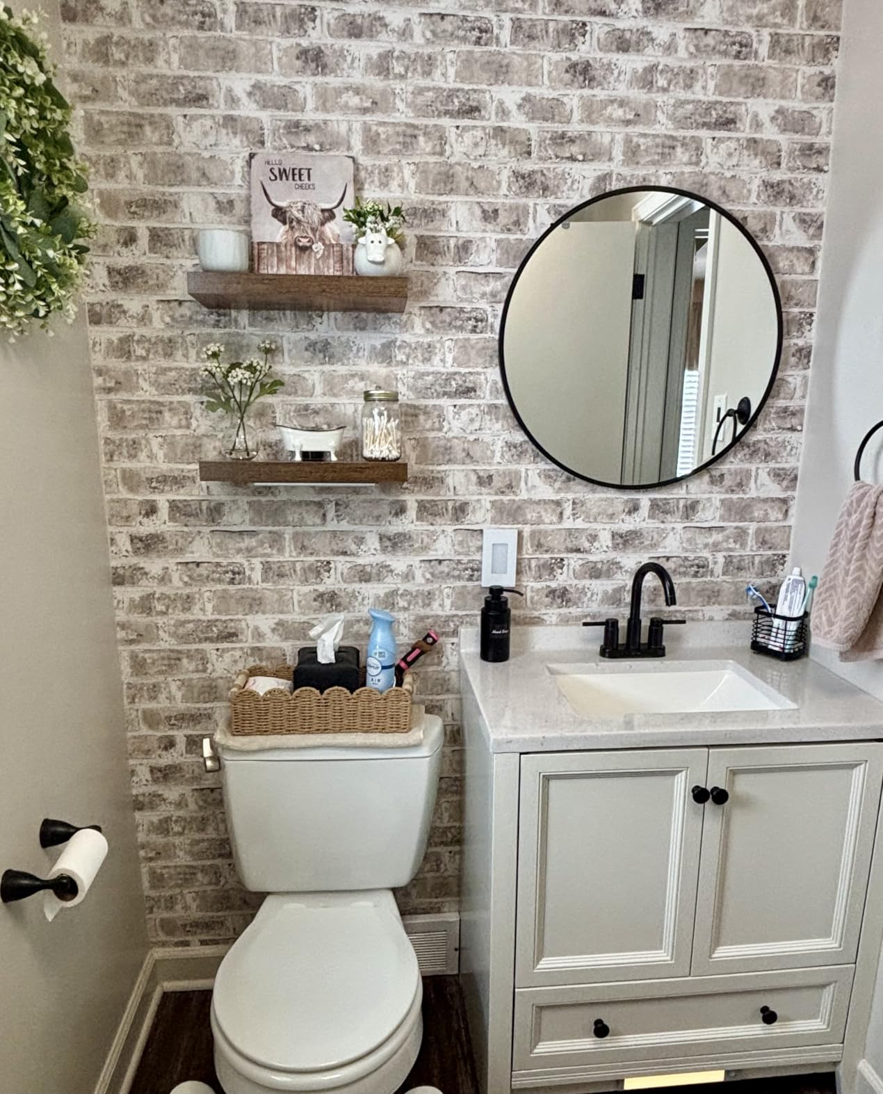 Woven storage basket in a bathroom styled example