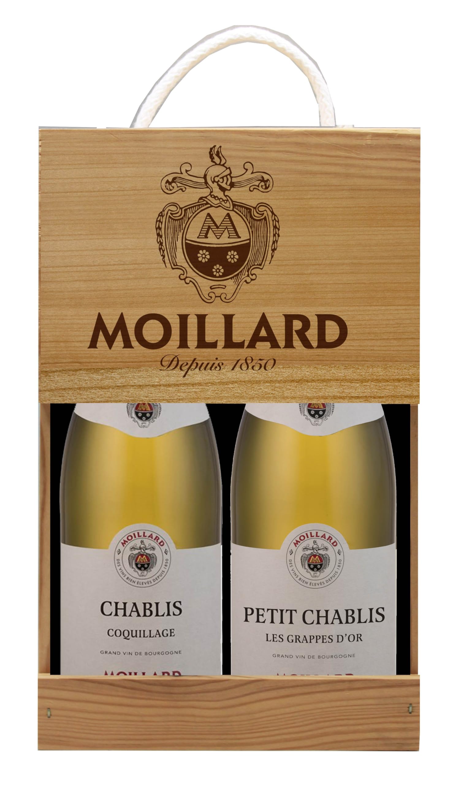 Moillard - Geschenkset Chablis und Petit Chablis, Chardonnay Weißwein, Grand Vins de Bourgogne in Holzkiste (2 x 0,75L)