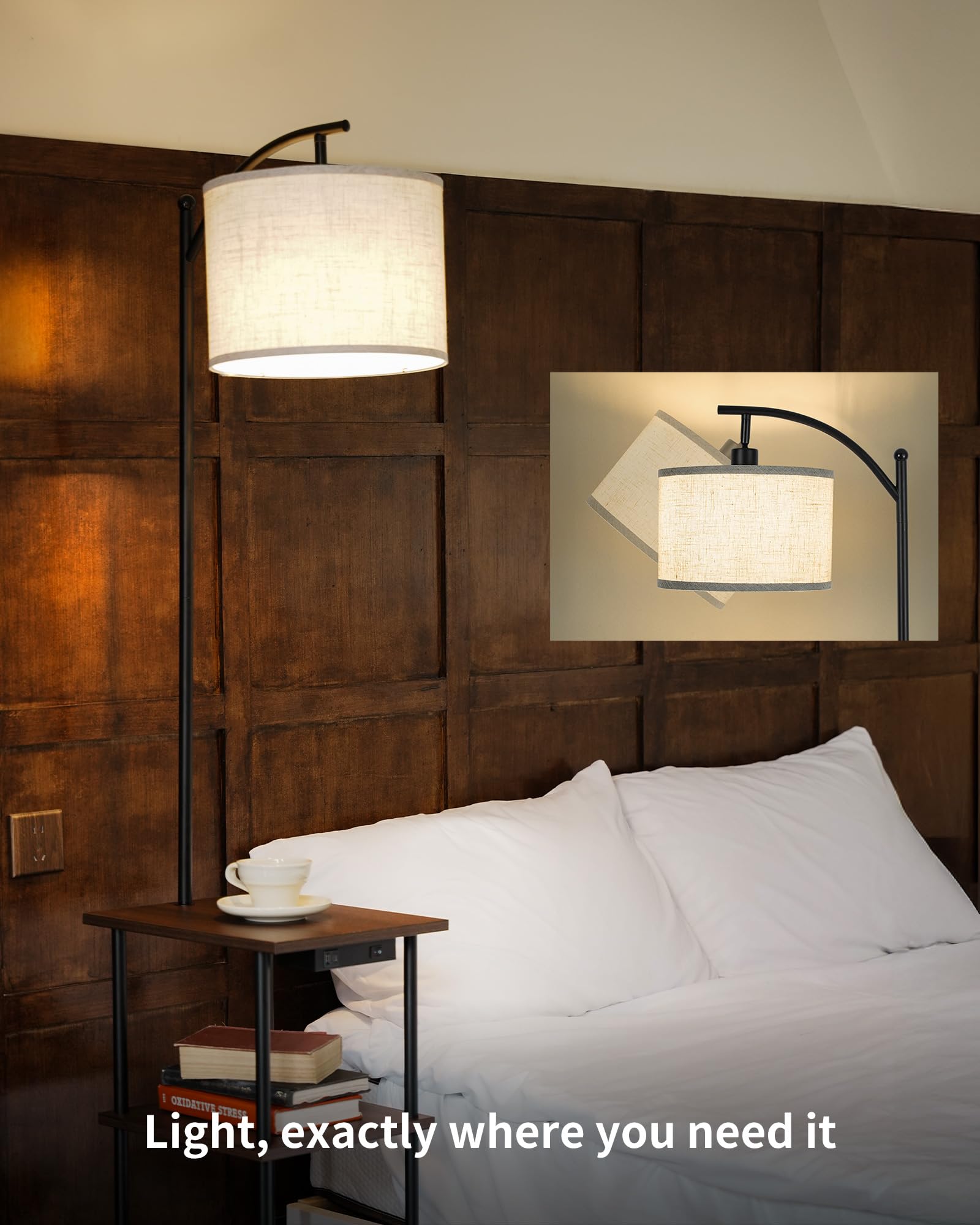 Lampada da Terra Vintage con Mensole, Piantana in Legno con Tavolino e Stazione di Ricarica, Nocciola Retrò 3 Livelli di Rangement, Testa Orientabile, per Soggiorno, Camera da Letto