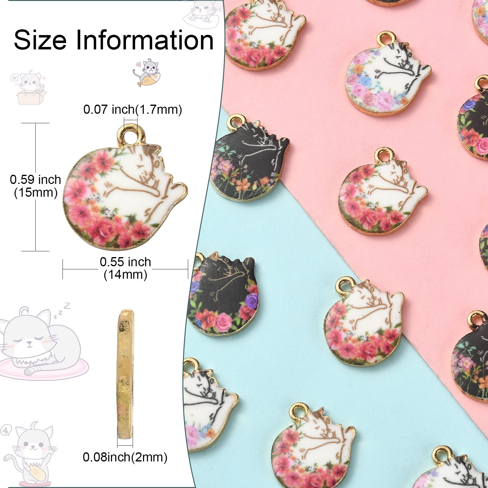 Stiesy 40Pcs 4 Styles Enamel Black White Cat Charms Pendants Flower Printed Kitten Charms Cute Sleeping Cat Dangle Charms for DIY Crafts Bracelet Jewelry Making - Image 2