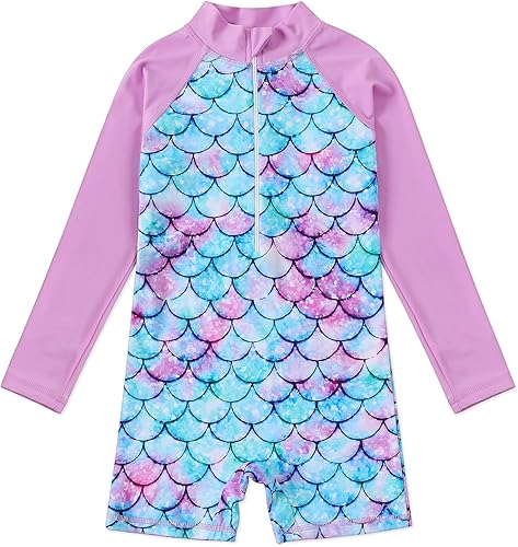 Vista 3 de AmzBarley Traje de baño de sirena para niñas, camiseta de protección contra sarpullido, traje de baño de una pieza para niños, traje de baño