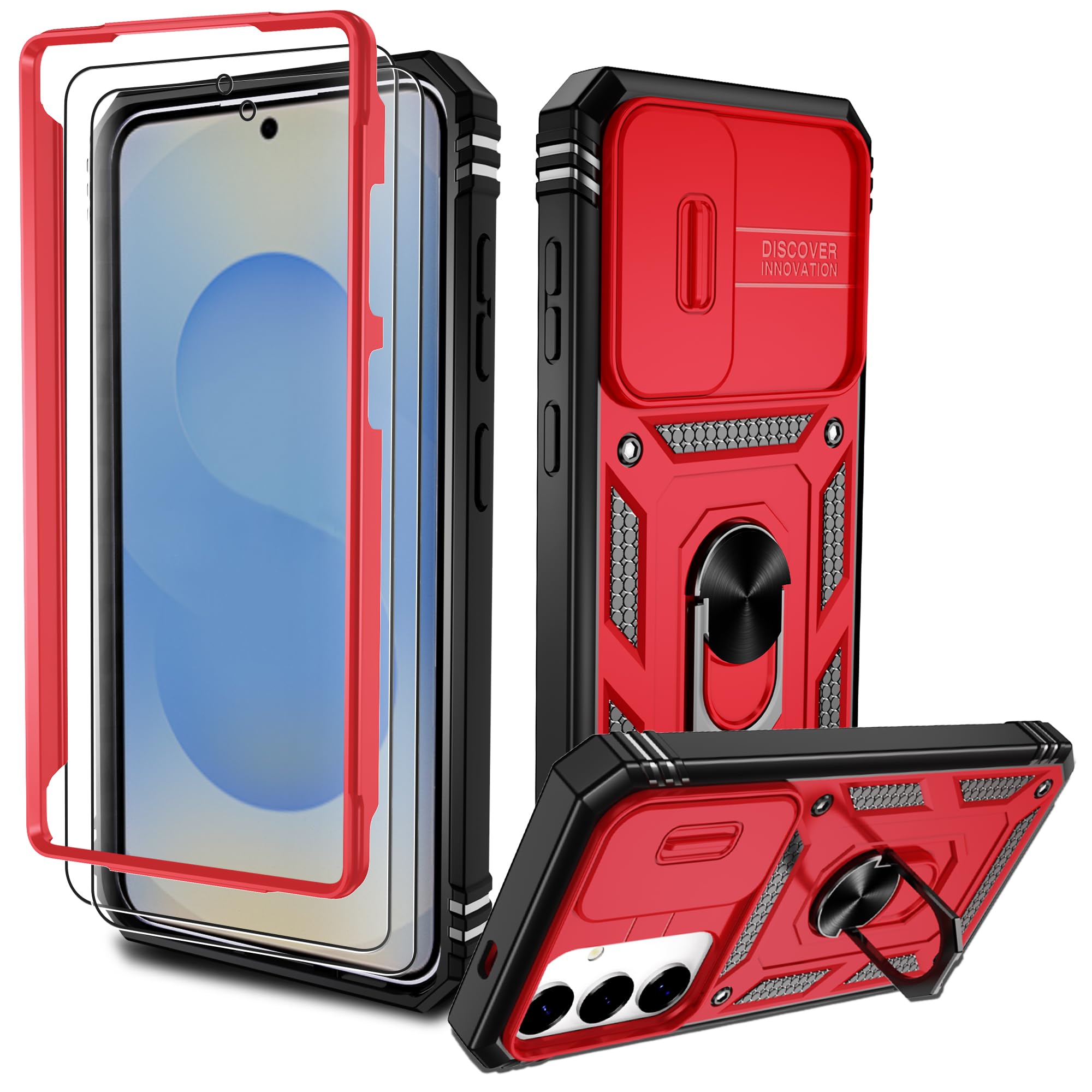 Pilaru Hülle für Samsung Galaxy S25 Plus 5G,Kameraschutz Handyhülle mit 2 Stück Schutzfolie,Militär Stoßfest Schutzhülle Outdoor Kratzfest Handy Hüllen für Samsung S25 Plus,Rot Schwarz