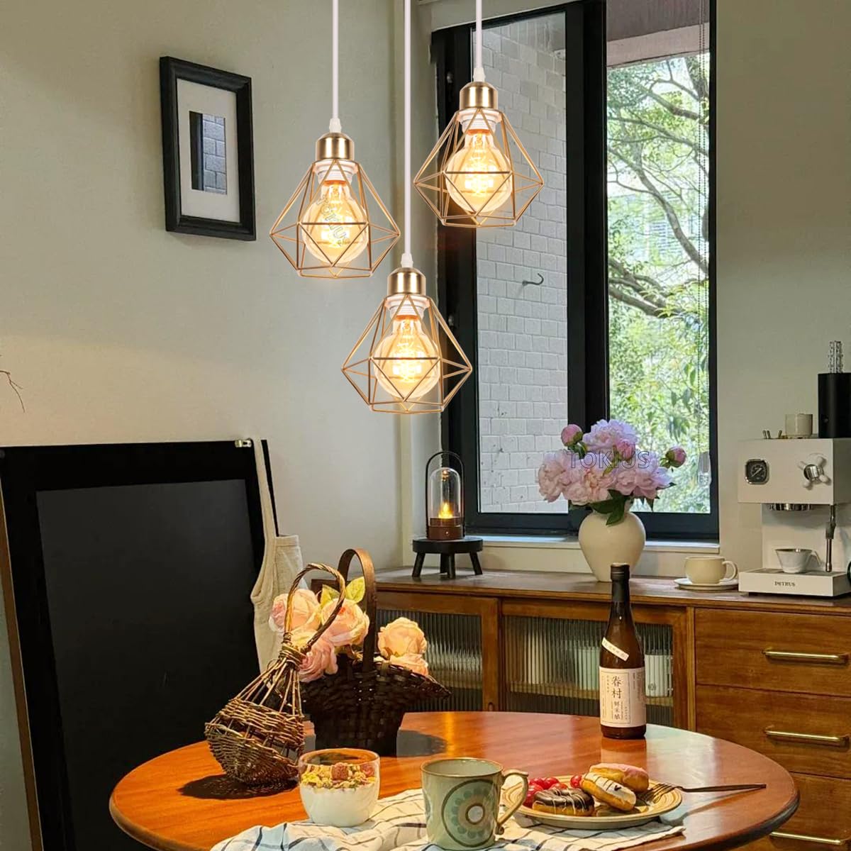 Lustre Suspension 3 lampes Industrielle Luminaire Plafonniere E27 Vintage Plafond Abat-jour Rétro Design Métal Cage Ø160mm éclairage de plafond Cuisine Salon, (A-3 lampes,Laiton)