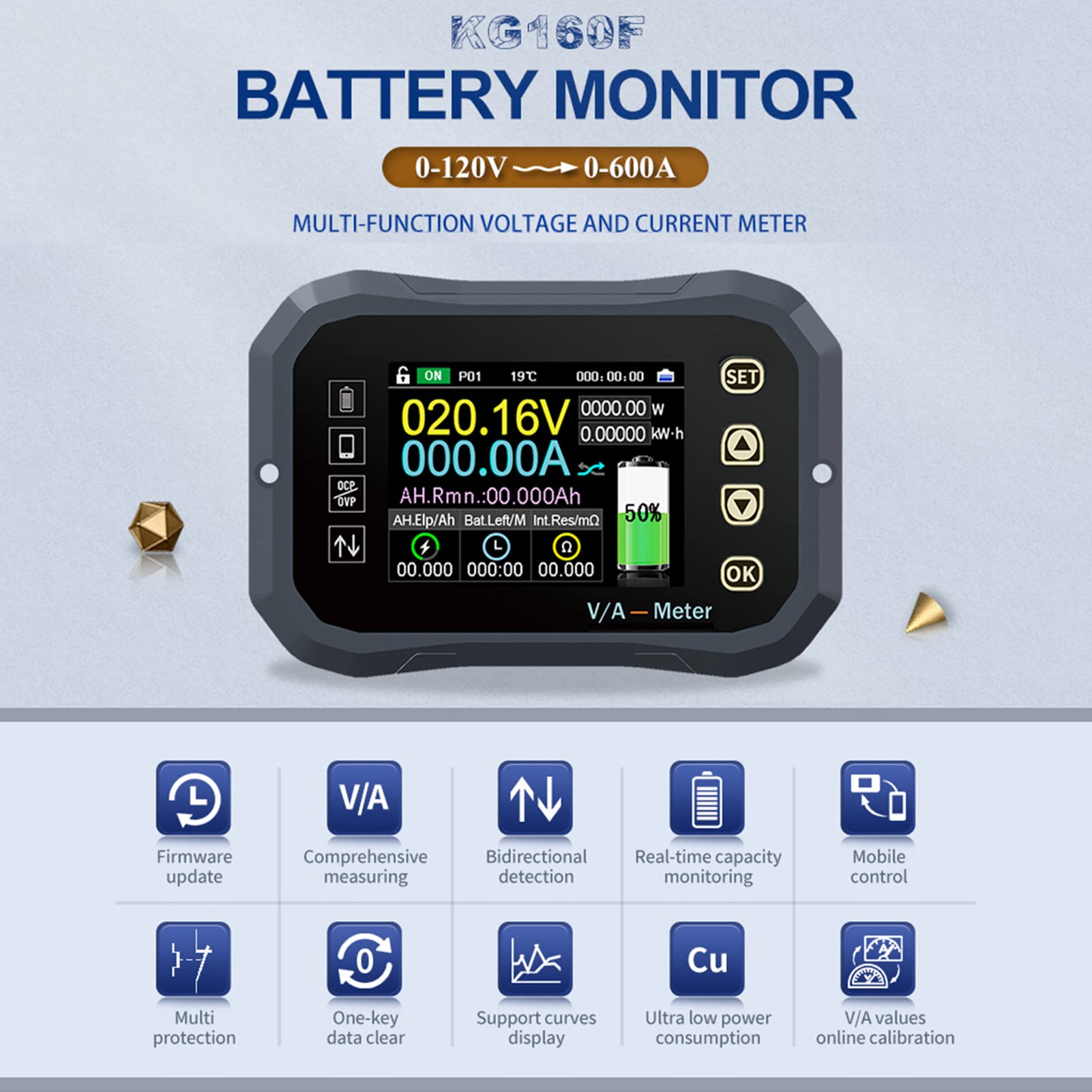 KG-F Moniteur de Batterie 0-120V Sans Fil Bluetooth, Voltmètre de Capacité, Coulomb Mètre Ampèremètre, Contrôle Mobile (KG160F0-600A)