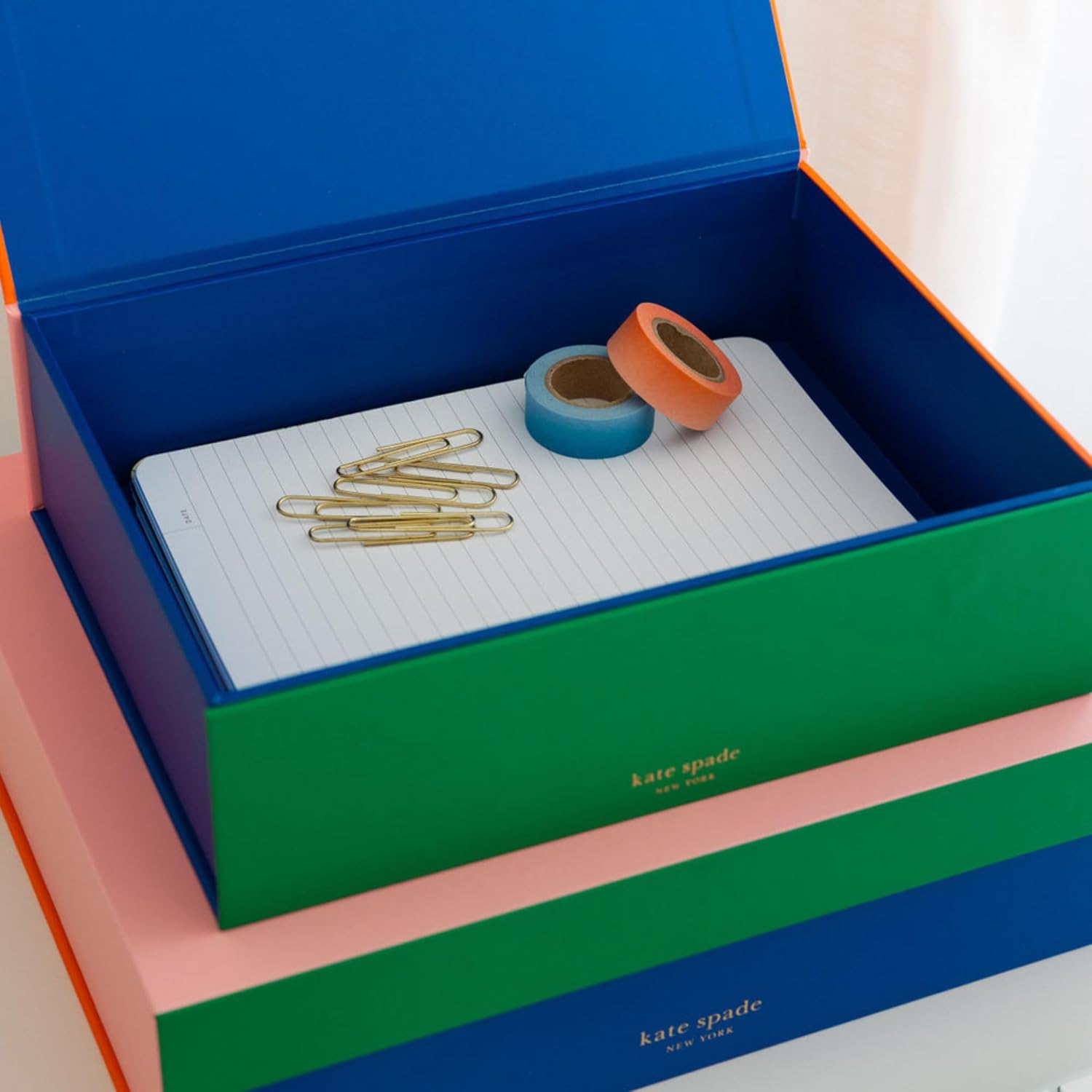 kate spade new york Decorative Storage Boxes with Lids, 2 Pack Sturdy Organizer Storage Bins, Includes Medium and Large Nesting Boxes with Magnetic Closure, Colorblock