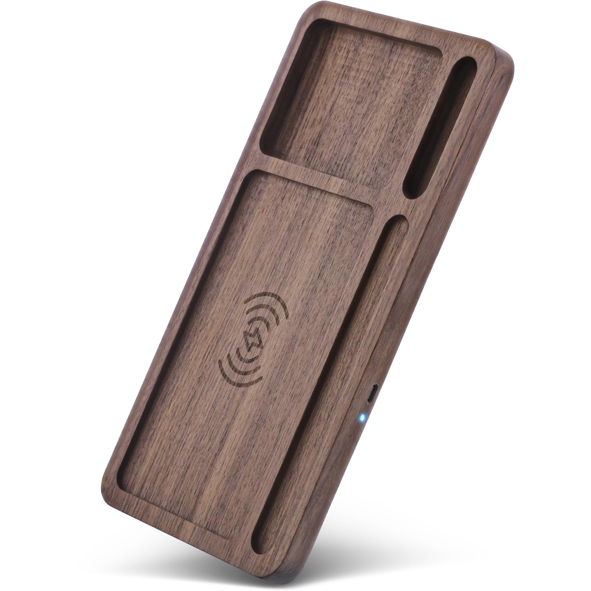 InLine® WoodCharge Organizer - Stazione di ricarica wireless Qi in legno di noce, organizer da scrivania con LED, 3 bobine, USB-C, Wireless Charger, 33392Y