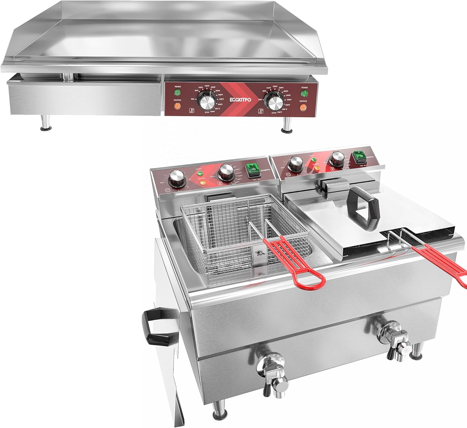 EGGKITPO 29 Inch Large Commercial Griddle(240v 3500w) and 12L×2 Commercial fryer with Timer and Oil Drain Dual Tank Fryer(120v 3600w)