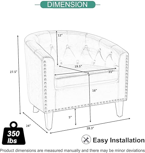 Miniatura 9 de Goujxcy Sillón de barril estilo club para sala de estar, acogedora y moderna silla de microfibra con cabeza de clavos y patas de madera maciza para