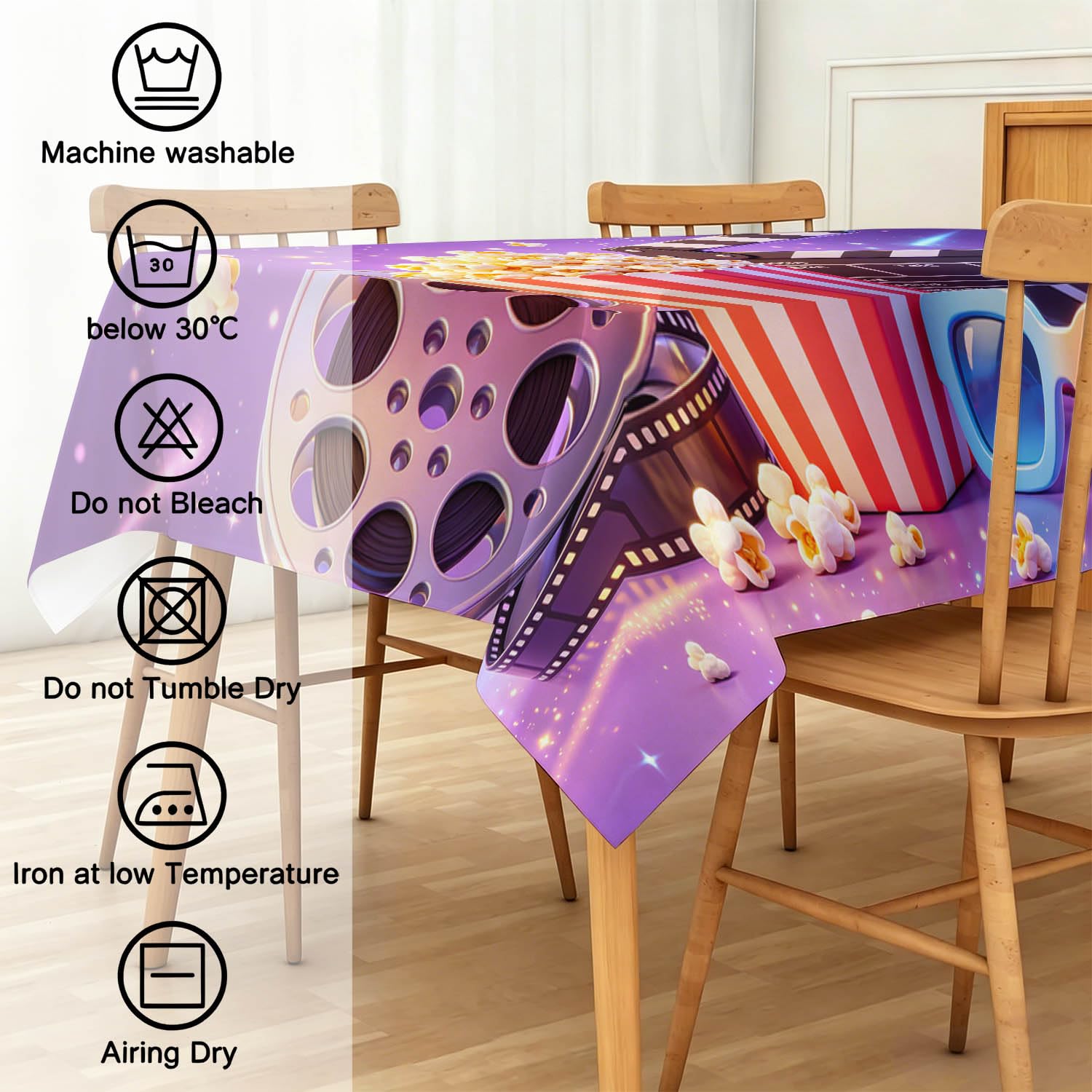Nappe de Table Rectangulaire 150x300 cm, Motif Cinéma | Tissu Polyester Résistant 160g/m², Motif Matériel de Cinéma, Imperméable et Anti-Taches, pour Exterieur Jardin