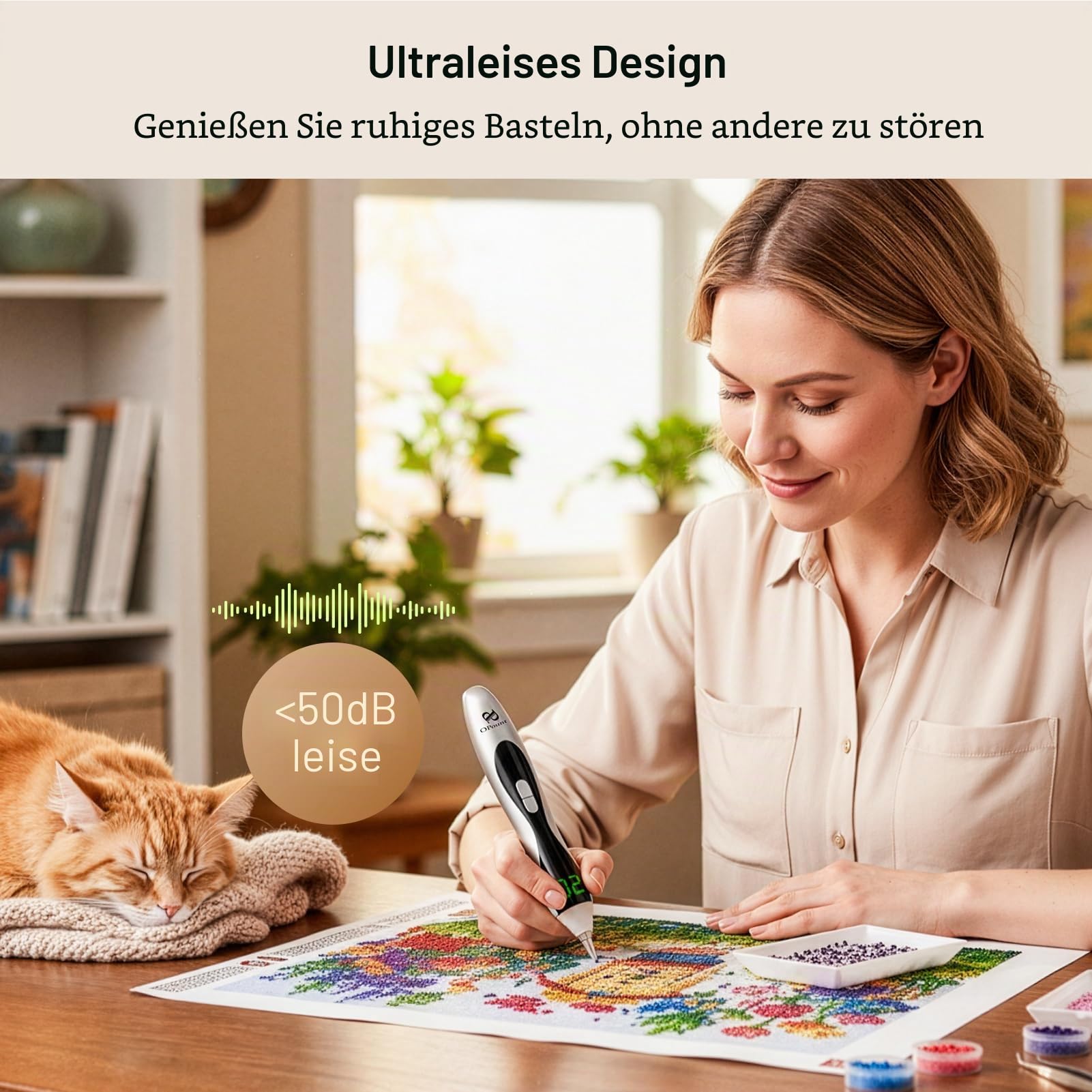 PP OPOUNT Elektrischer Diamond Painting Stift Silber mit LED Licht & Display, 3 Saugstufen, Kabellos & Wiederaufladbar, Leiser Vacuum Stift, Ergonomisches Diamond Painting Zubehör für Erwachsene