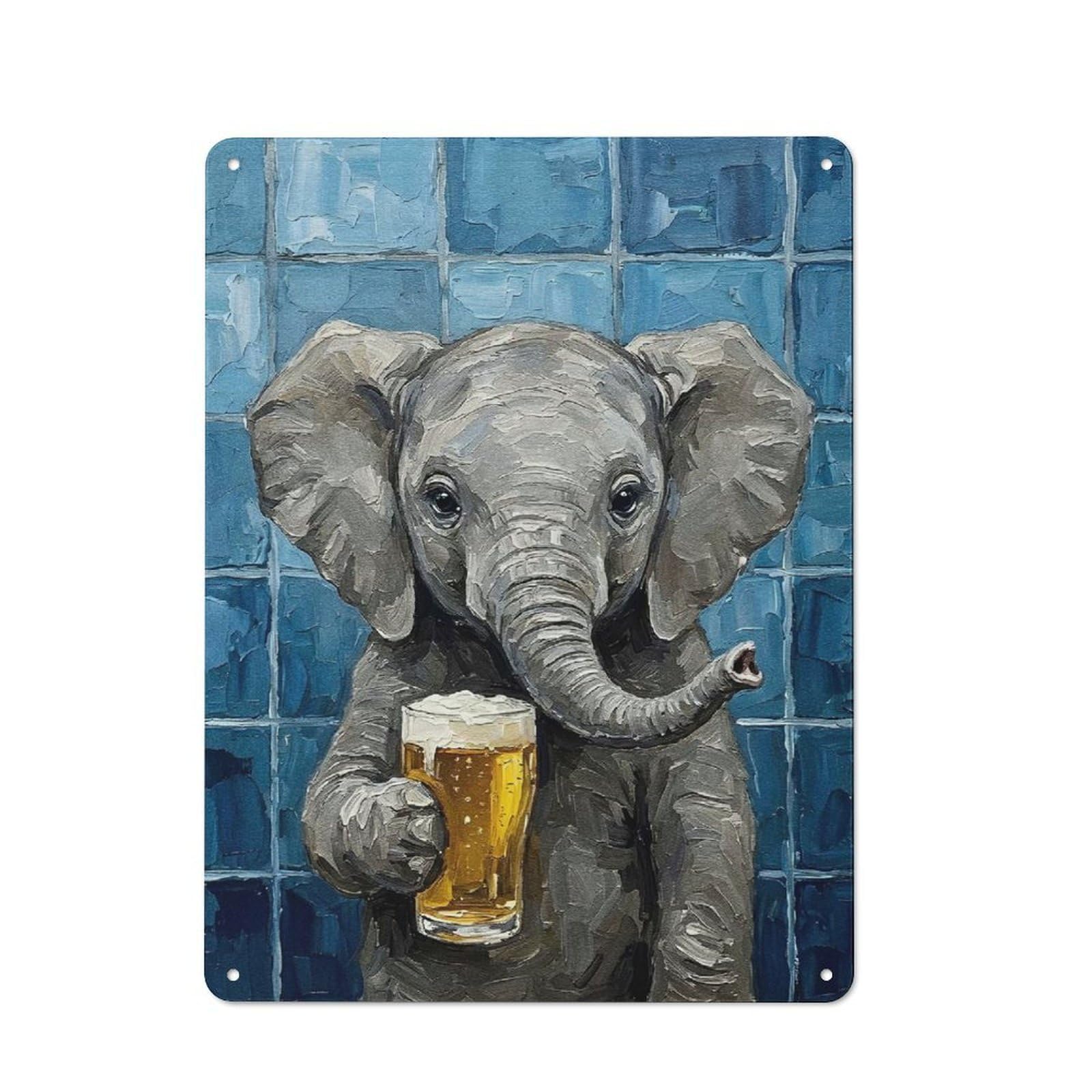 Junmoney Style-15 Retro Metal Plaque 40X30cm Featuring Elephant With Beer Painting For Workshop Wall, For Metal Sign Collectors, For Garage And Workshop Walls