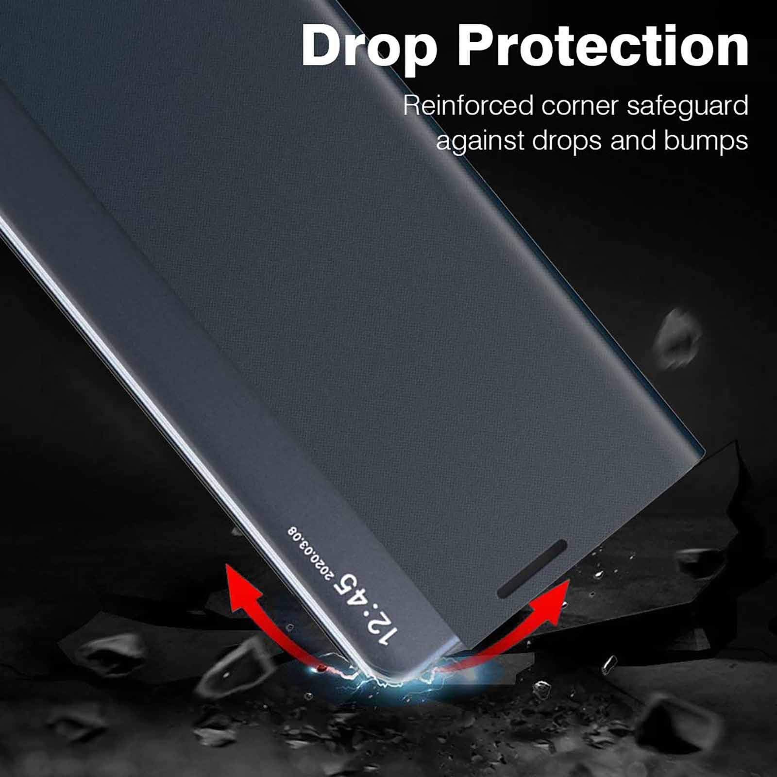 Etui LEYAN do Samsung Galaxy S21 5G, Premium skórzane etui z klapką z przezroczystym okienkiem, etui z klapką Smart View ze składanym uchwytem, granatowe