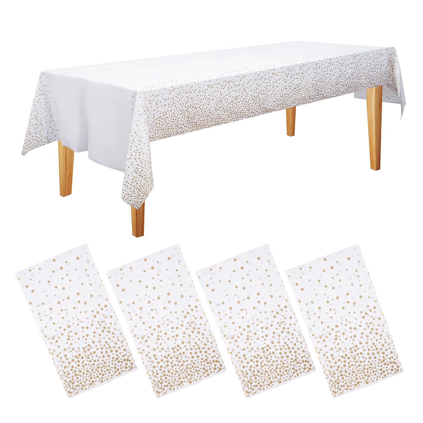 Mantel desechable, impermeable, mantel de plástico elegante, mantel rectangular, mantel blanco con margen de puntos dorados, mantel de plástico de 140 g, 137 x 274 cm, paquete de 4