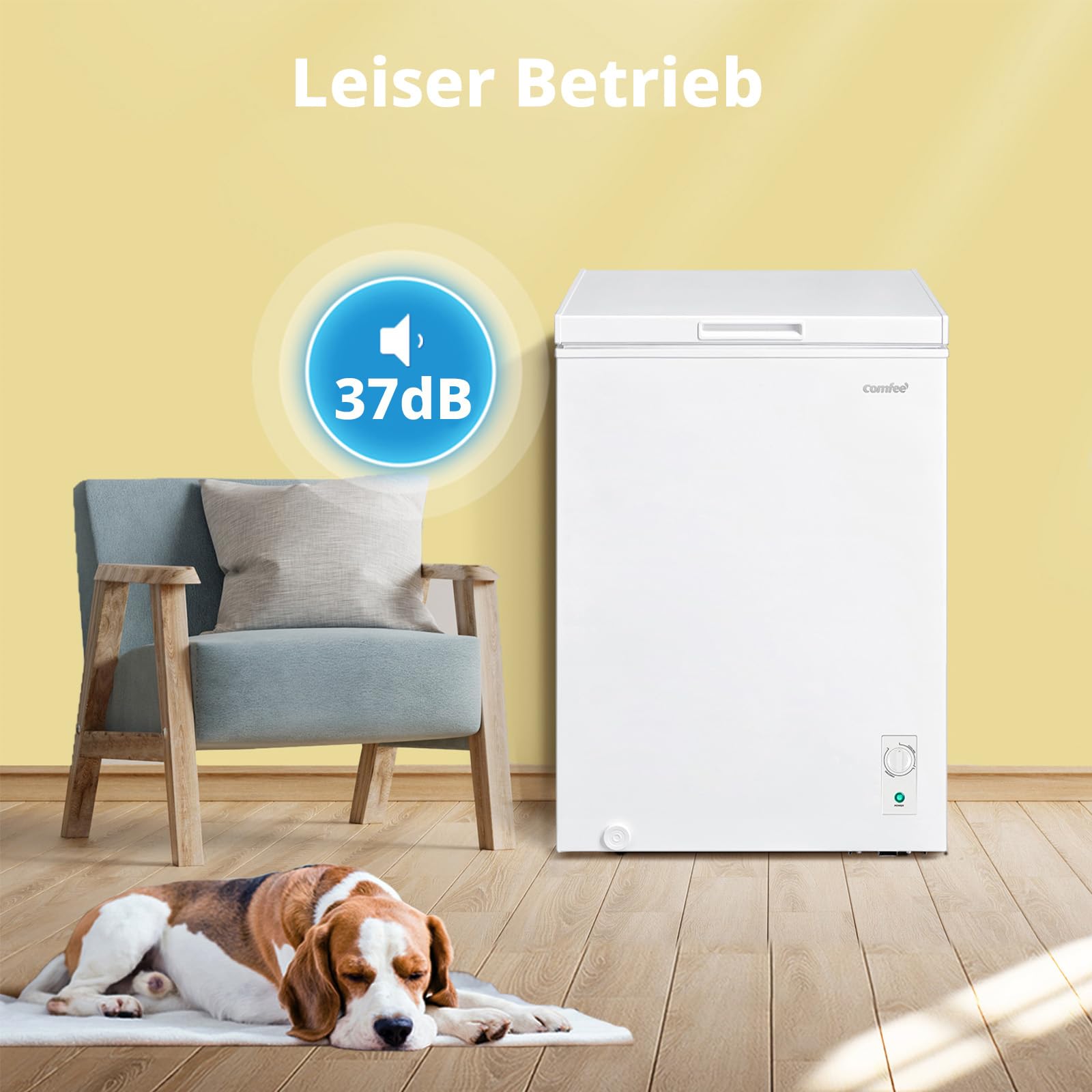 Comfee 198L Gefriertruhe, leise 37 dB, 4-Sterne-Gefrieren, Kühl-/Gefrier-Konvertierung (1–10°C / -24––12°C), 24‑h‑Schnellgefrierung 9kg, Energiesparender Inverter-Kompressor, Aluminium-Innenraum