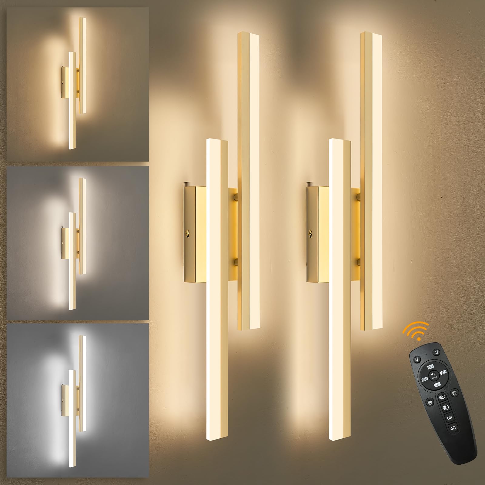 Photo 1 of Sparklelf LED Wall Sconce Set of 2 Gold Remote Modern LED Vanity Lights Set of 2 Indoor Wall Light Fixtures for Living Room, Dimmable Wall Sconce for Bedside Bedroom Bathroom, L23.6inch 2 Pack