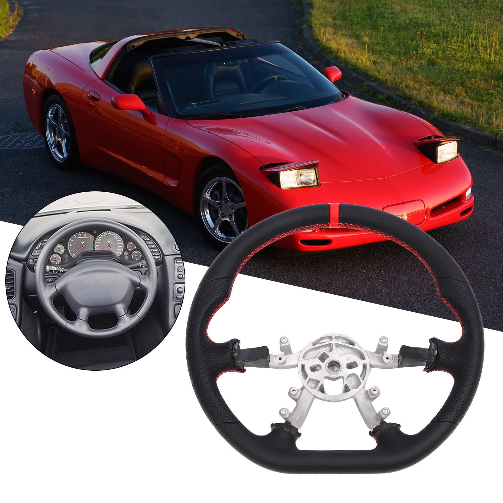 Volante da in Pelle Traforata con Prestazioni Migliorate per 1997-2004, Cuciture Rosse e Design a D con Fondo Piatto per gli Appassionati di Auto