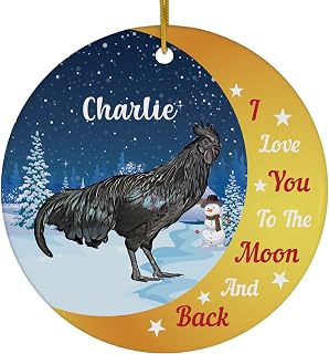Love You to The Moon and Back Ayam Cemani Chicken Rooster Personalized Name Christmas Ornaments 2025 Circle White Ceramic Farm Owner Gift