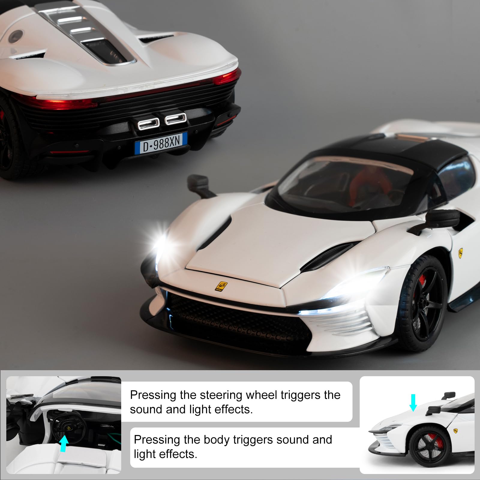 imtfzct 1/22 Ferrari SP3 Alloy Toy Car, Collectible Model Car with Sound and Light Function and Pull Back Function, White - Image 4