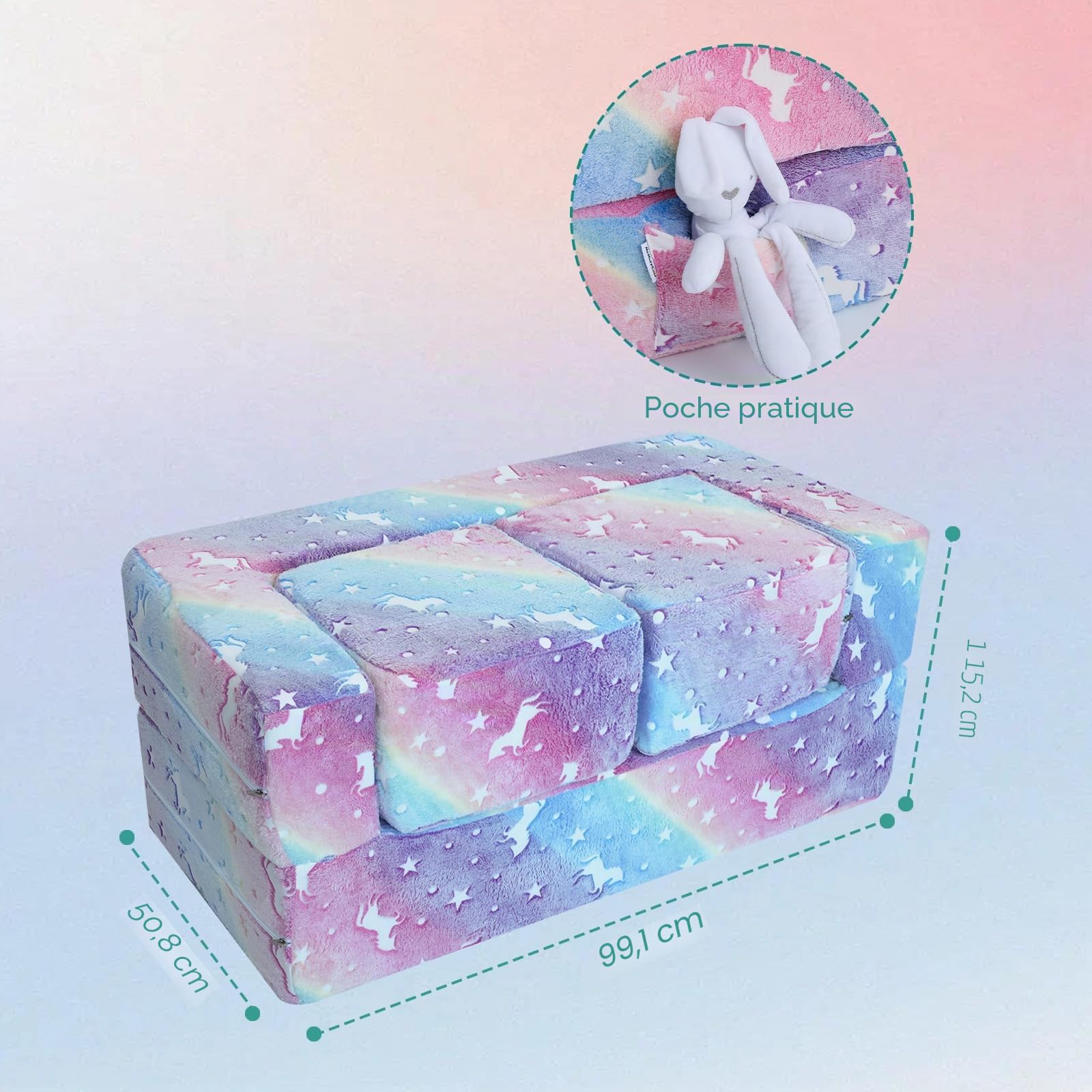 MeMoreCool Canapé-lit pour Enfants, Fauteuil pour Tout-Petits, Brille dans Le Noir, Arc-en-Ciel, Chaise Longue Convertible pour Enfants, canapé pour bébé, Chaise de Sol, Meubles de Chambre à Coucher