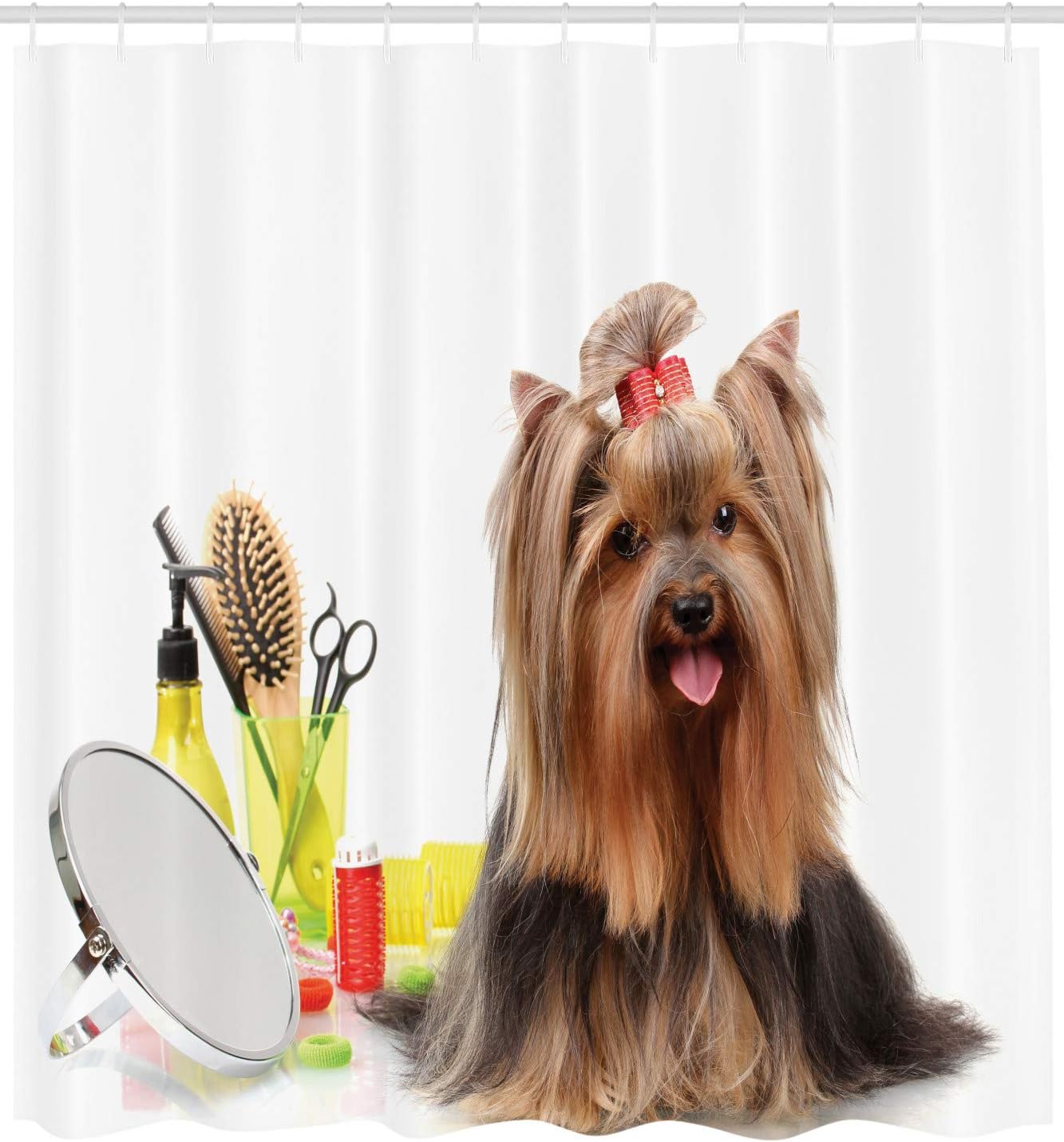 Ambesonne Yorkie Shower Curtain, Yorkshire Terrier with Stylish Hairdressing Equipment Mirror Scissors, Fabric Bathroom Decor Set with Hooks, 69" W x 70" L, Dark Brown Multicolor