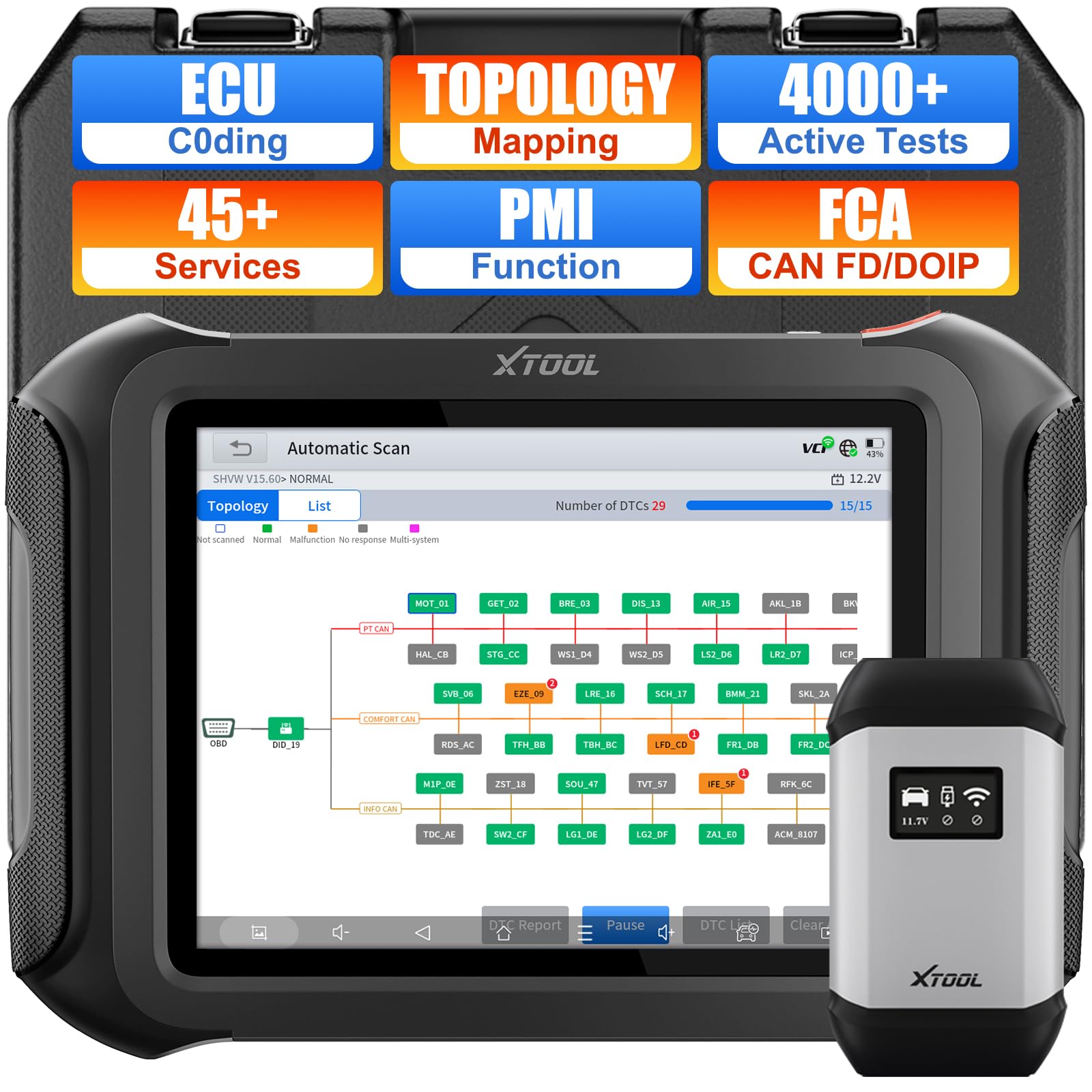 - XTOOL D9S Automotive Diagnostic Tool, Wireless OBD2 Scanner with ECU C0ding, Topology, Bidirectional Scan Tool 2.0 with FCA, 45+ Resets, Full System, PMI, CAN FD/DoIP, 3-Yr Update