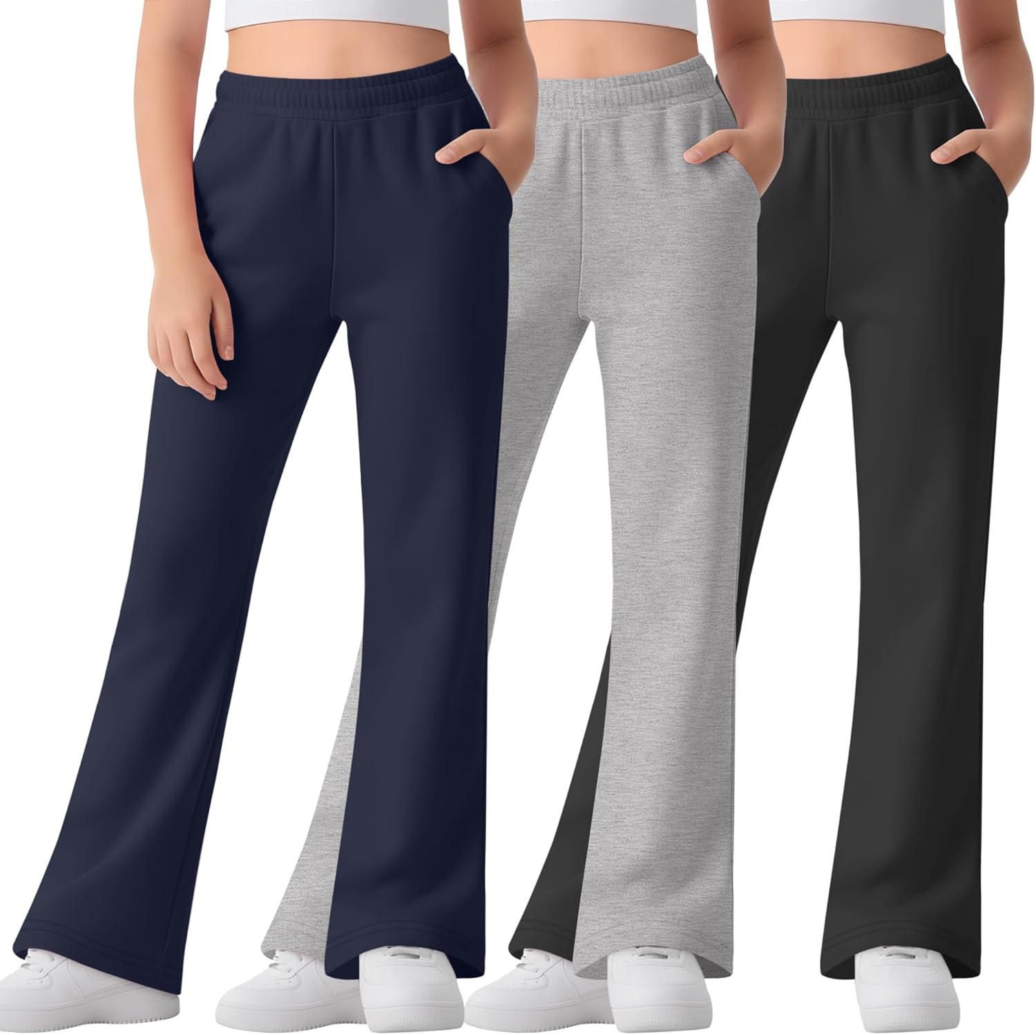 3 Pack Girl's Uniform Flared Sweatpants Elastic Waist Bell Bottom Casual Athletic Pants with Pockets 5-14 Years