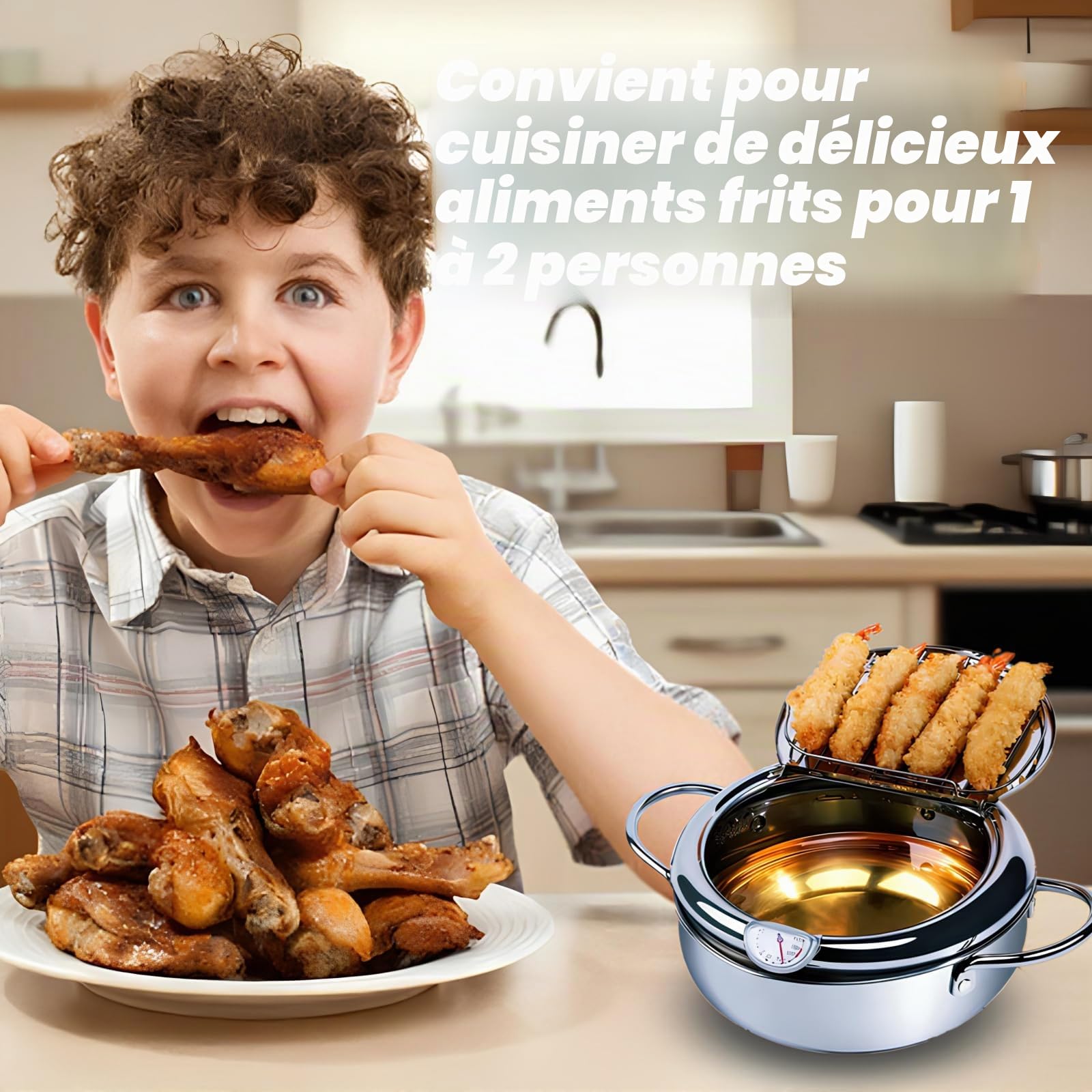 Qivine Friteuse Huile Japonaise Pot de Friteuse Tempura avec Thermomètre Tempura en Acier Inoxydable avec Grille de Vidange Amovible Pour Frire Poulet Français Poisson Sec (24 cm)