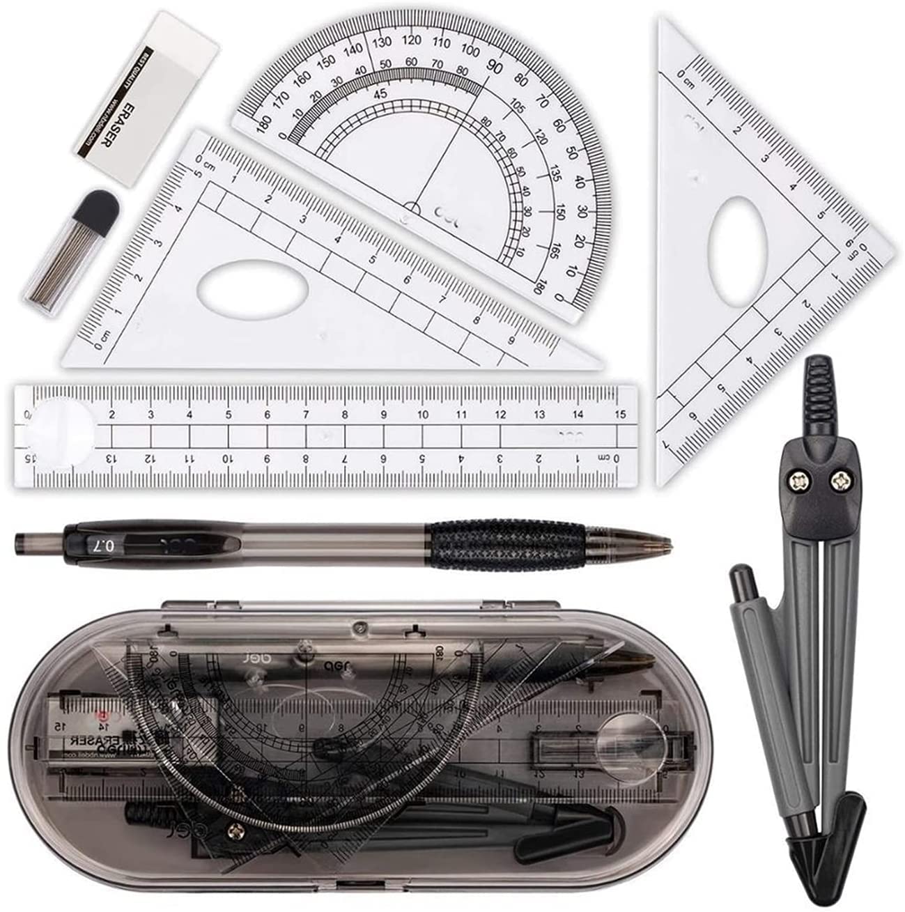 AKAZI Geometrie-Set Mathematik-Geometrie-Kit-Set Schülerbedarf mit bruchsicherer Aufbewahrungsbox für technische Zeichnungen Kompass Winkelmesser Lineal (8 STÜCKE) Kompass-Set