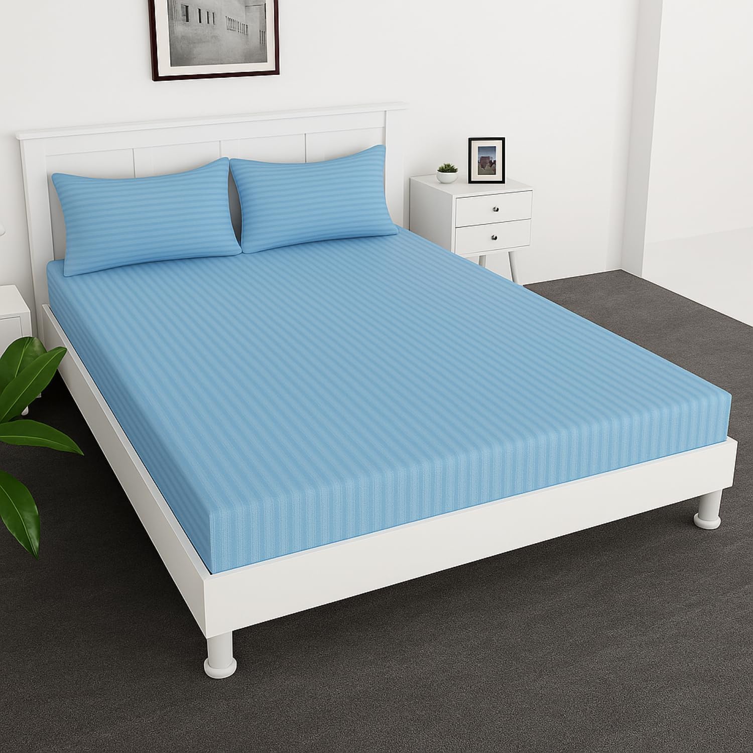 – Extra Deep Fitted Elastic Bedsheet Set With Pillow Covers (Sky blue, Single (90x190+30CM))