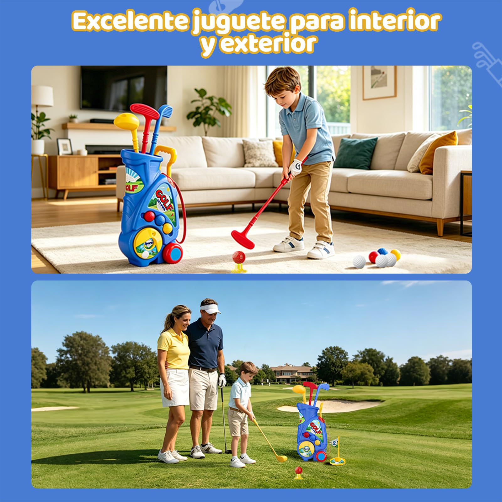 Naxudcoo Juguetes Niños 2 3 4 Año: Juego de Golf con Carrito Mejorado y Correa para Hombrero, Juguete Educativo para Interior y Exterior, Regalo Ideal para Cumpleaños, Navidad (Azul)