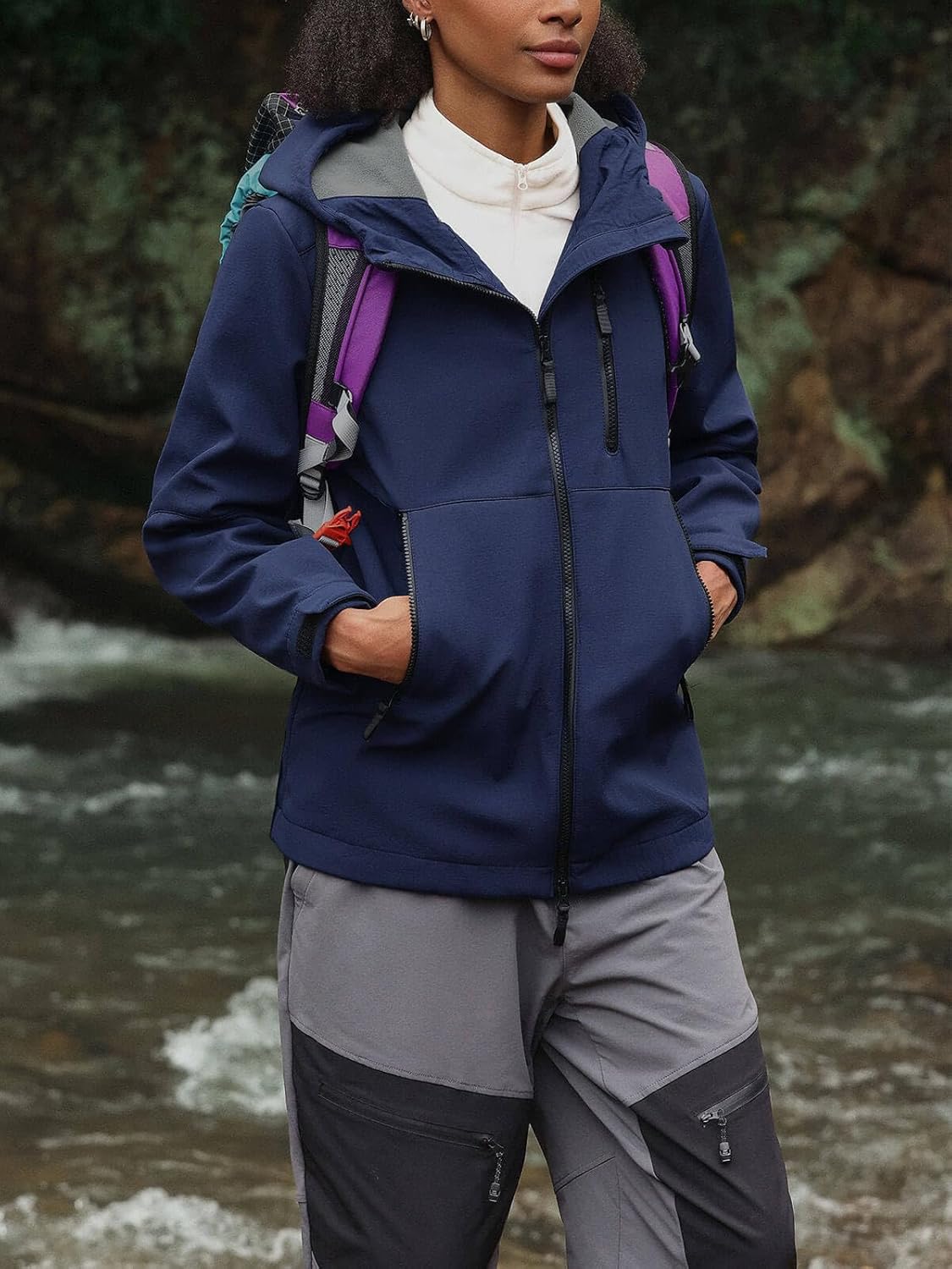 Yousify Womens Fleece Lined Rain Jacket Waterproof Lightweight Fall Winter Windbreaker Hooded Softshell Jackets - Image 2