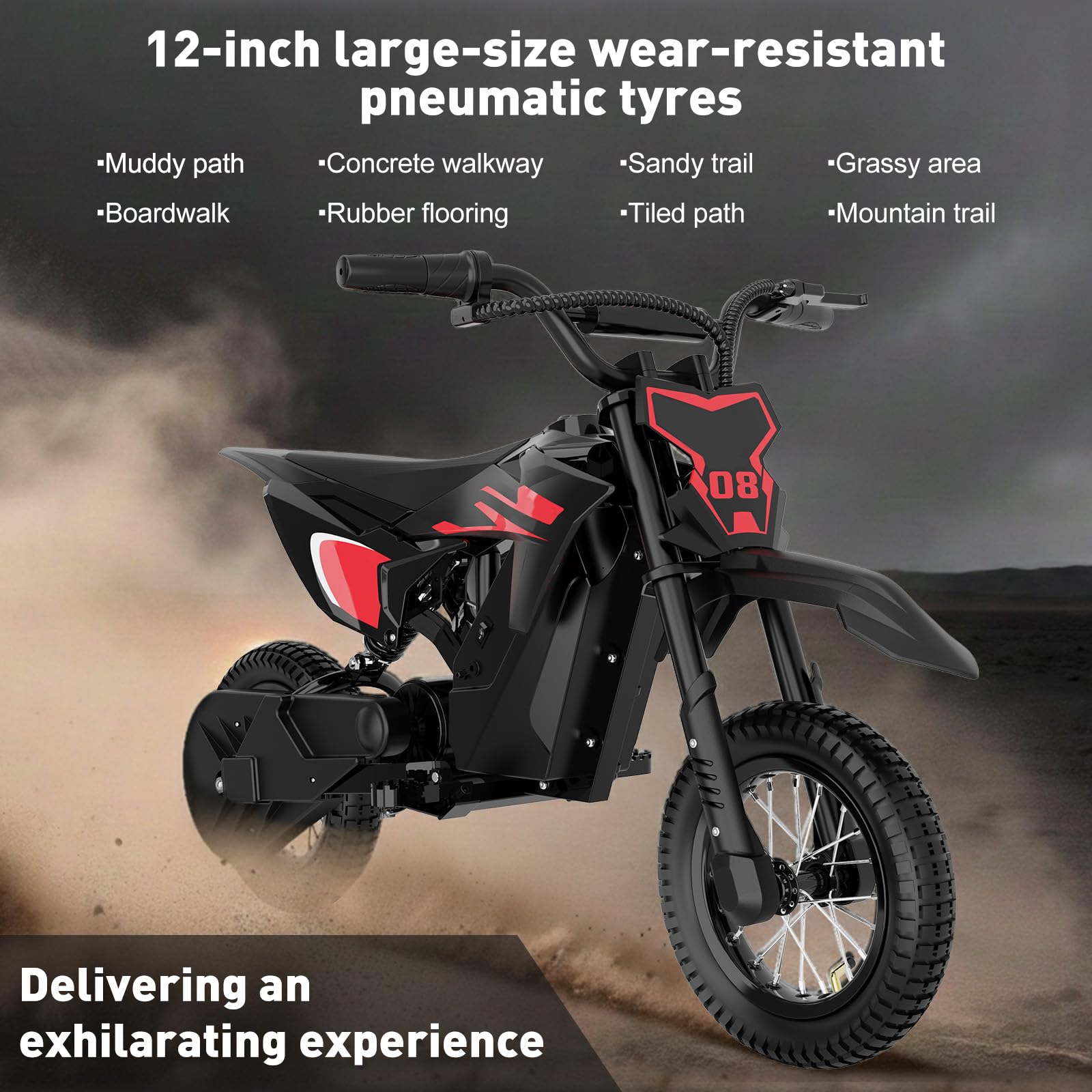 Moto électrique pour Enfants MT8, Moteur 300W, 3 Vitesses 25 km/h, Autonomie 18 km, Pneus 12 Pouces, Suspension, Frein à Tambour, 60 kg