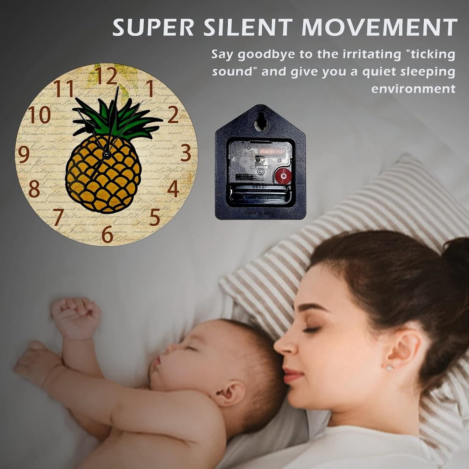 Farmhouse Kitchen Clock 15 Inch Pineapple Modern Wall Clock Silent Non-Ticking Decorative Battery Operated Wood Hanging Round Clocks for Living Room Bathroom Bedroom Office School