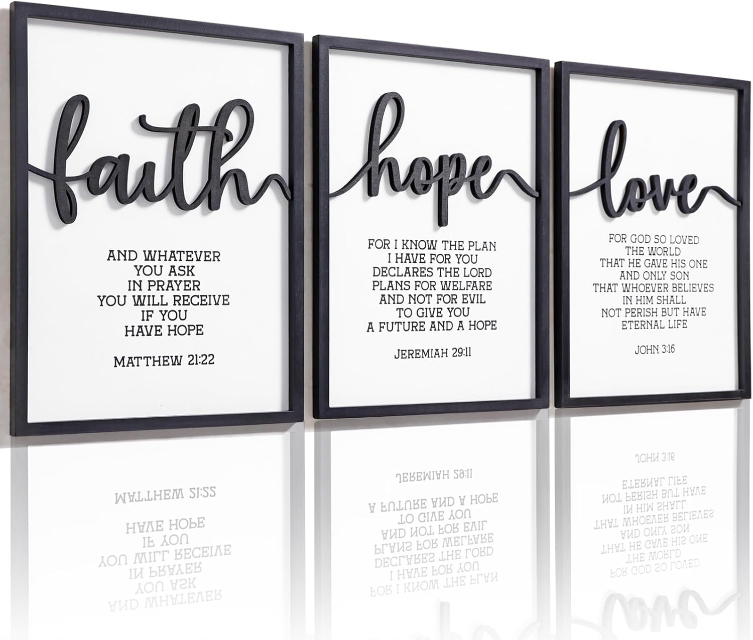 KIOSSUT 3D Wood Faith Hope Love Wall Decor, Christian Wall Art Bible Verses Wall Decor Scripture Wall Art for Bedroom Bathroom Kitchen Living Room Office(12×16 inches, Set of 3, Framed)