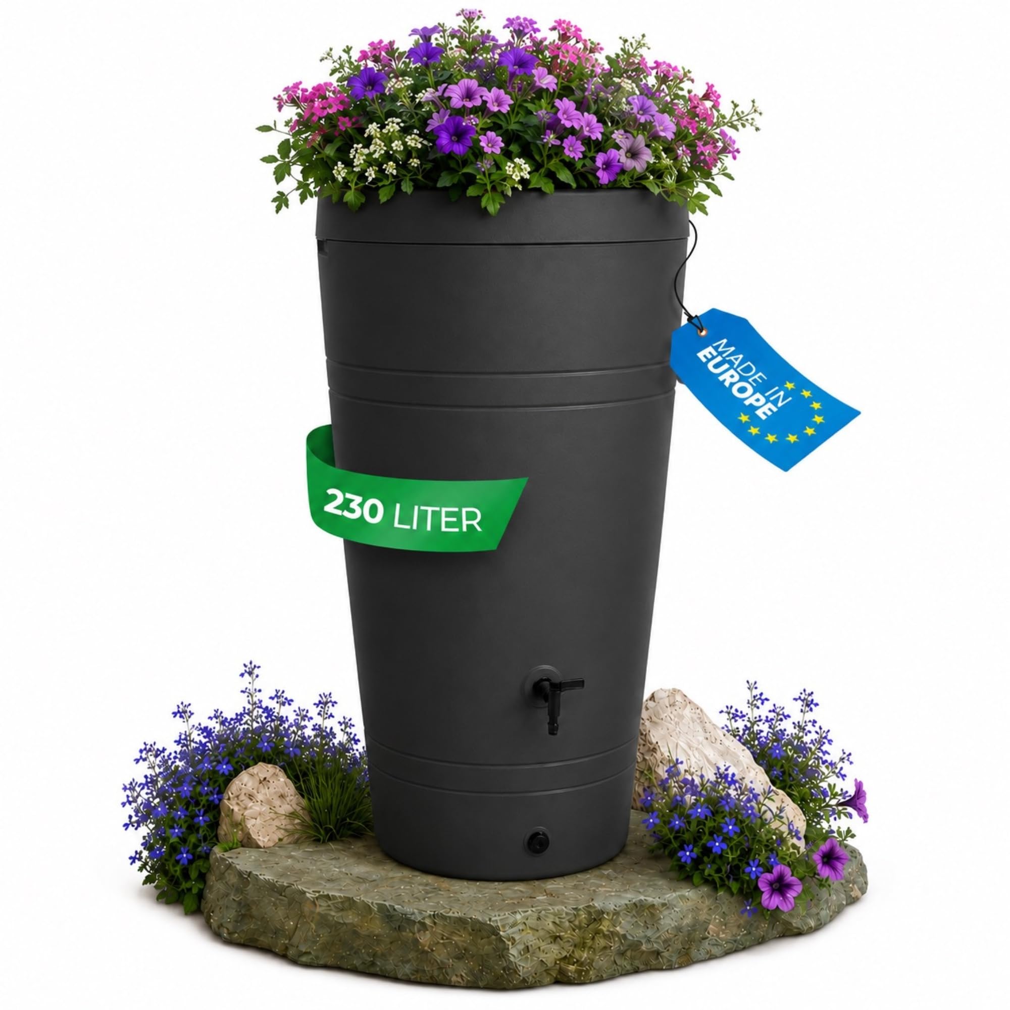 YourCasa Deposito Agua 230 litros [diseño Decore] Barril de Lluvia Resistente a Las heladas de plástico – bidon Agua de Lluvia con Grifo – depósito de Agua para jardín (Antracita)