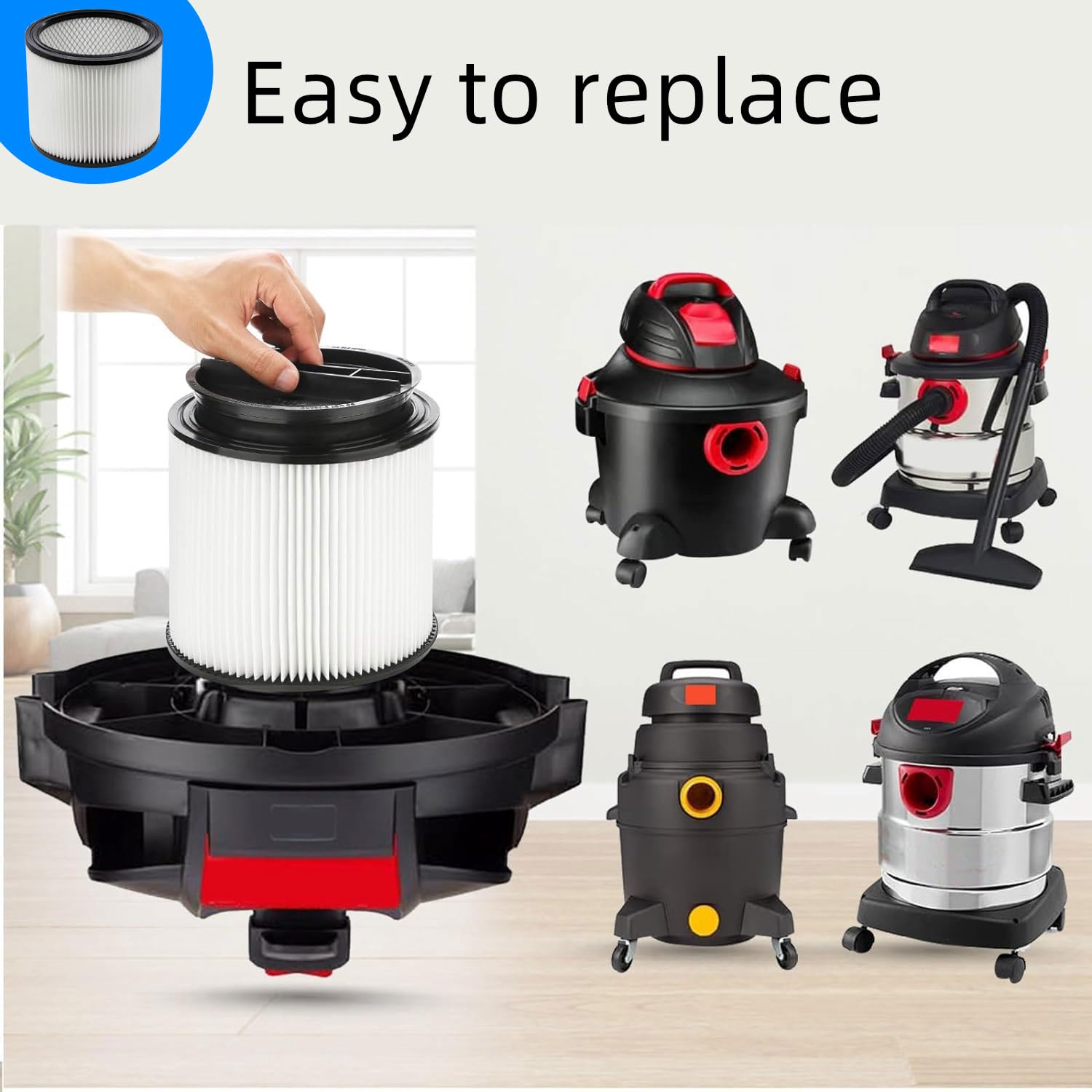 Filtro de repuesto 90304 para aspiradoras húmedas y secas Shop Vac 90304, 90350, 90333, 90585, de 5 galones y superiores (2 filtros de repuesto + 2 tapas)