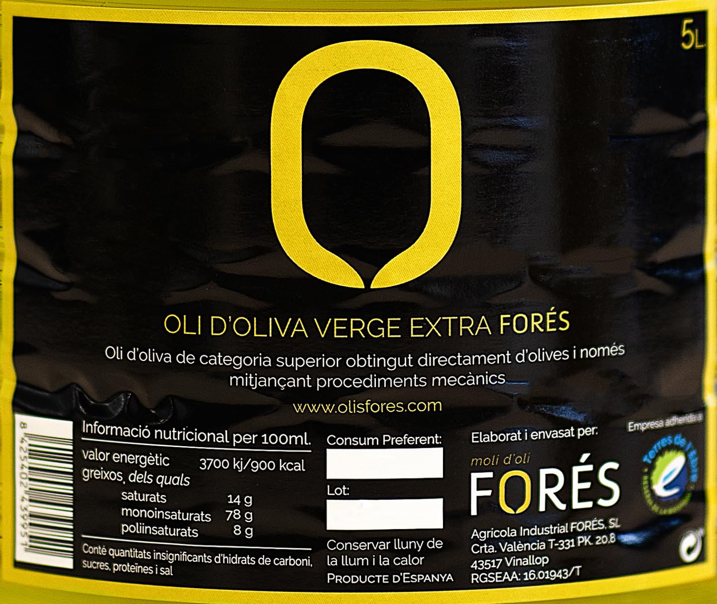 FORÉS | Aceite de Oliva Virgen Extra 5L | AOVE Gourmet Garrafa PET | Extracción en Frío | Sabor Frutado Verde con Amargor y Picante | Reserva de la Biosfera UNESCO Terres de l’Ebre