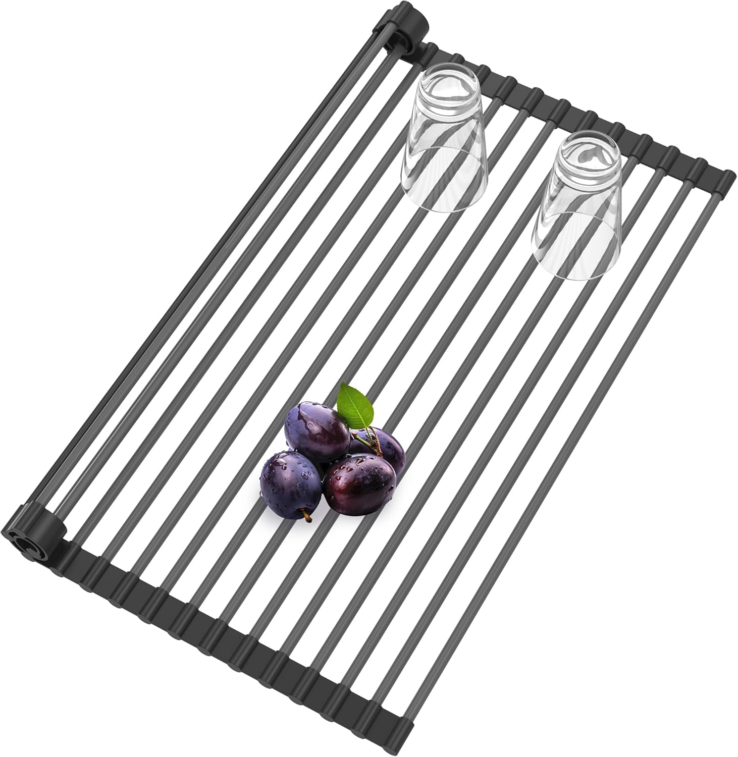 Roll Up Dish Drying Rack, Silicone Wrapped Over The Sink Multipurpose Foldable Dish Drainer Anti-Slip Dish Racks for Kitchen Counter, Sink Drying Rack Cover with Utensil Holder (Black, 17.3" x 17.6")
