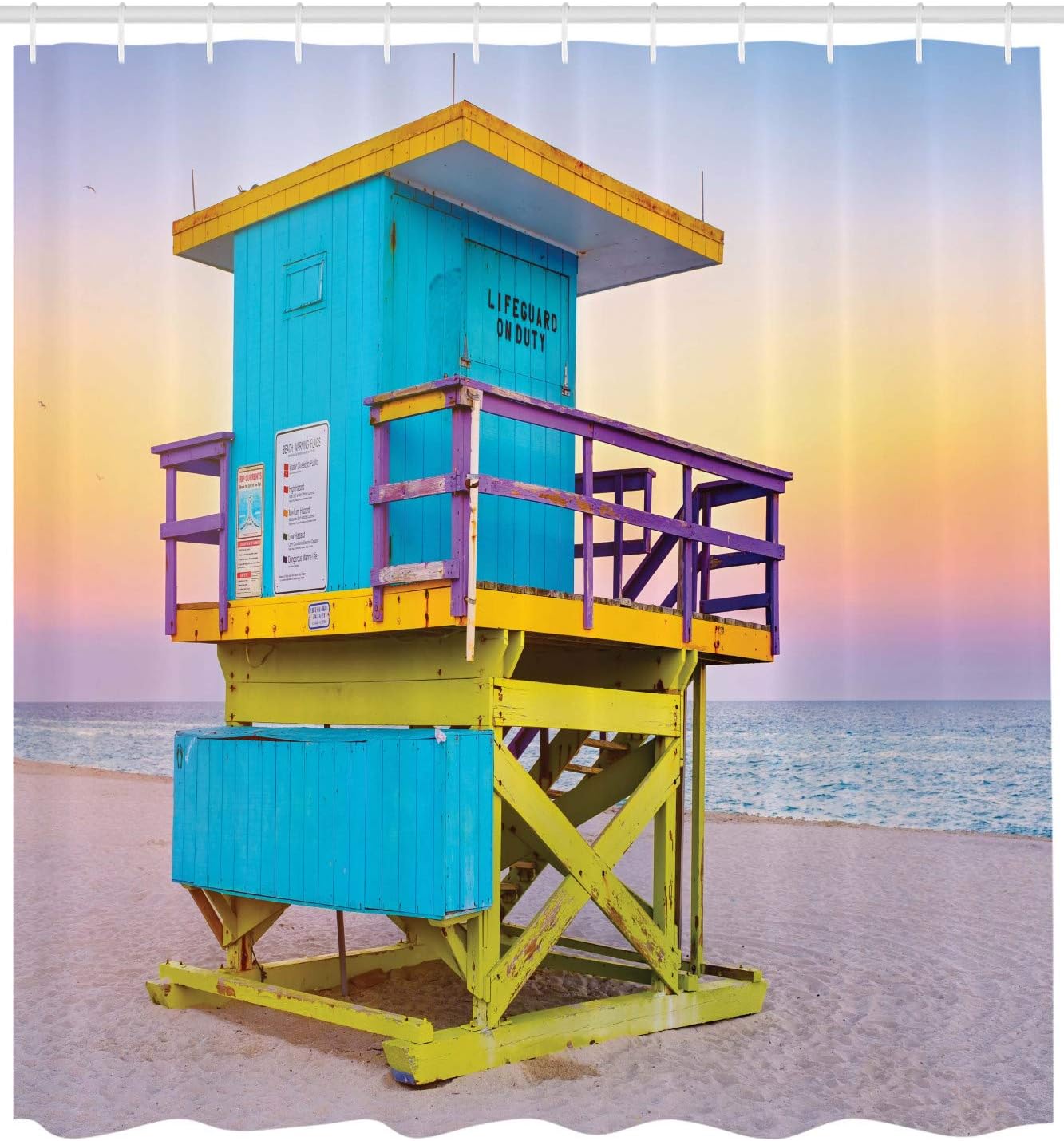 Lunarable Florida Beach Shower Curtain, Colorful Lifeguard Tower at South Beach in Miami with a Sunset Sky View, Cloth Fabric Bathroom Decor Set with Hooks, 69" W x 84" L, Multicolor