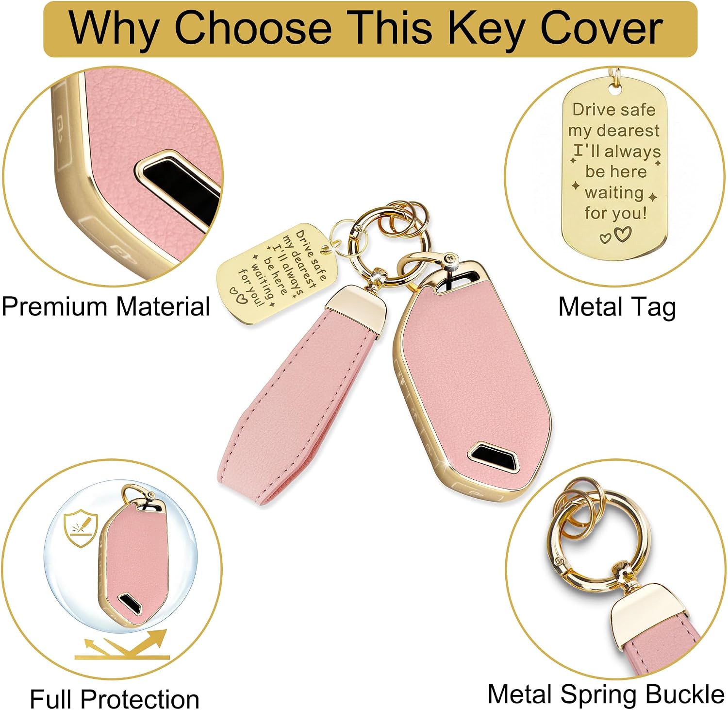Soft TPU & Leather Key Fob Cover Compatible with Kia K4 K5 2025-2026,Telluride 2023-2025 Carnival 2023-2025 Sorento SPORTAGE EV9 EV5, with Keychain & Metal Blessing Tag (5 Button Pink) image 4