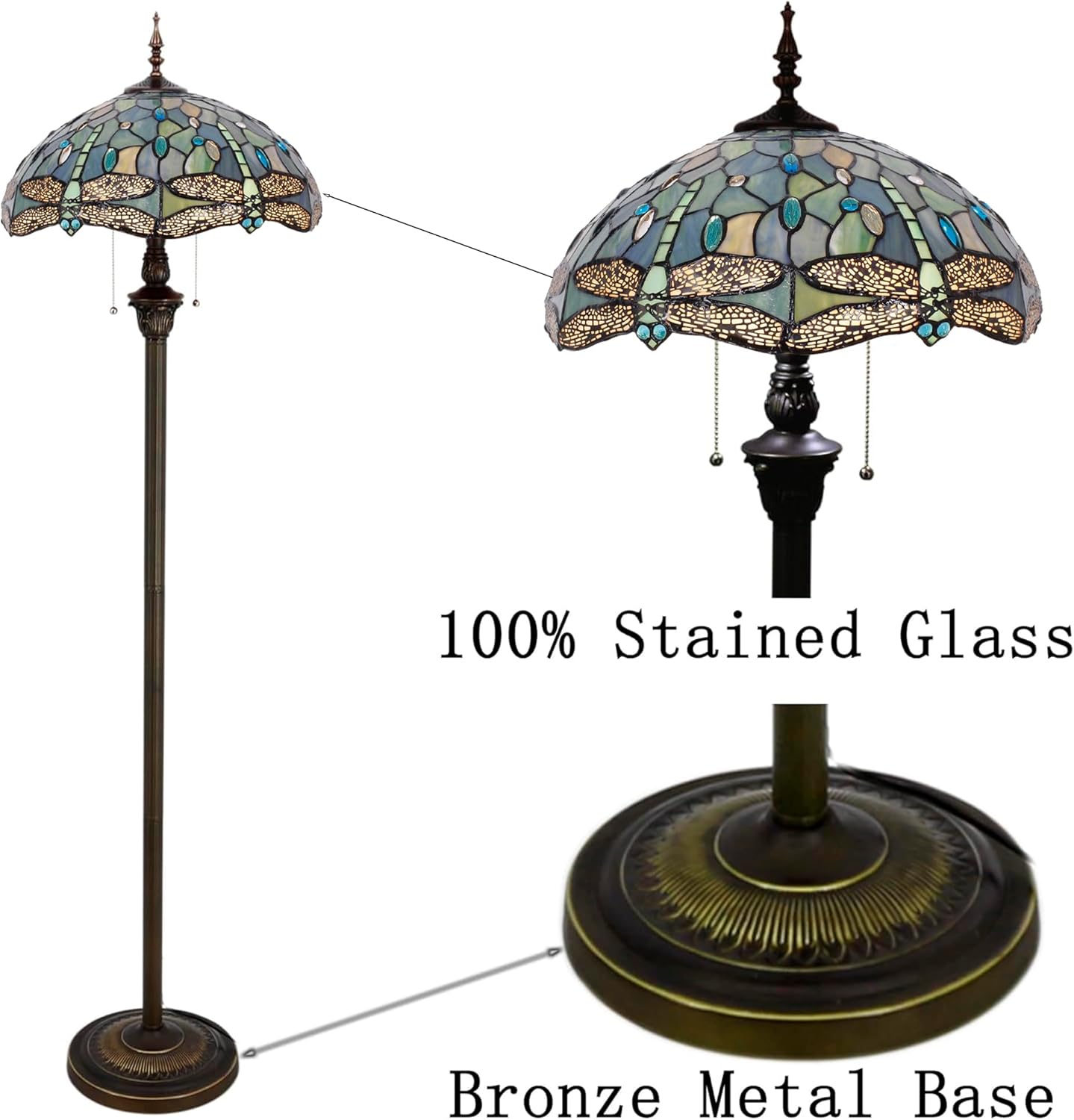 Tiffany Floor Lamp Sea Blue Stained Glass Dragonfly Style 16X16X70 Inch Antique Standing Reading Light