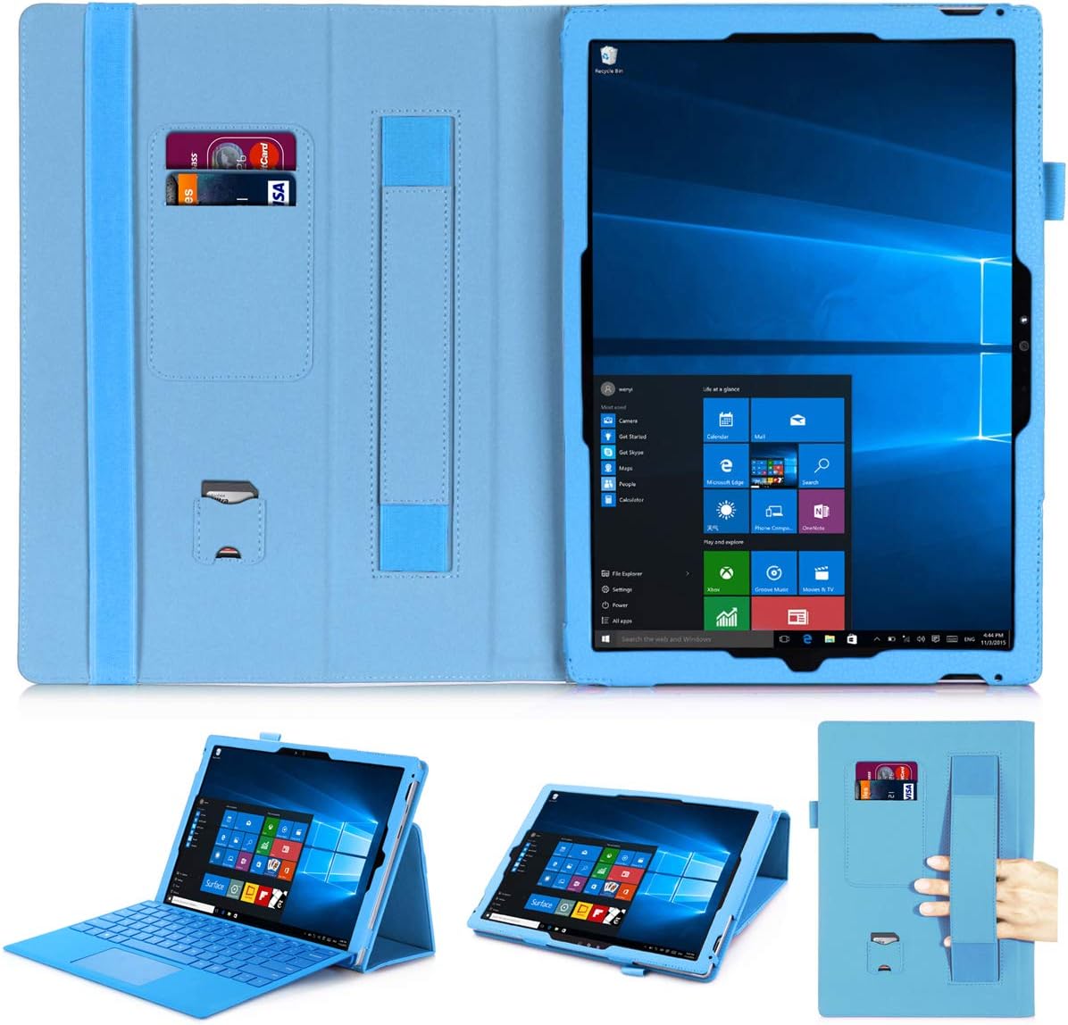 Tonycase Premium Folio Leather Case for Microsoft Surface Pro 6/Surface Pro 2017/Pro 4/Pro 3 with Hand Strap, Card Slots, Compatible with Type Cover Keyboard (blue)