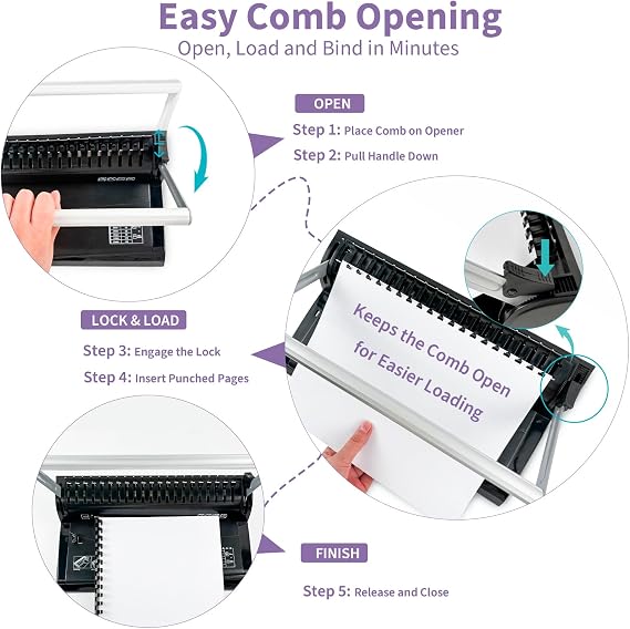 Binditek Binding Machine, 19-Hole, 145 Sheets, Comb Binder Machines with 30 PCS 1/2 Binding Combs, for Letter Size, Fixed Margin