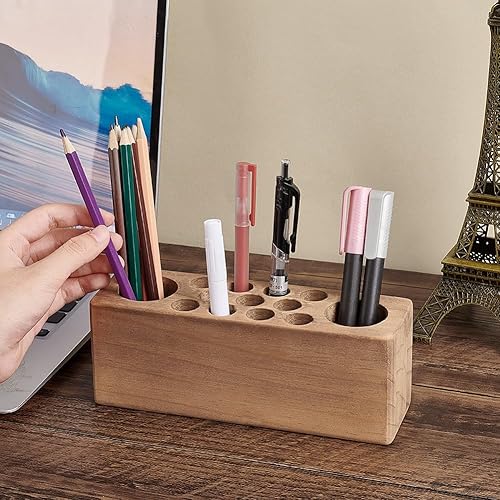 Miniatura 3 de PH PandaHall Portalápices de madera para escritorio, organizador de pinceles de 13 agujeros, soporte de estilo rústico, para oficina, estudio,