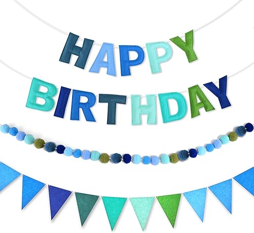 CANREVEL Cartel de feliz cumpleaños 3D preencordado, 3 guirnaldas de fieltro azul, guirnalda de pompones, banderines de tela triangular,