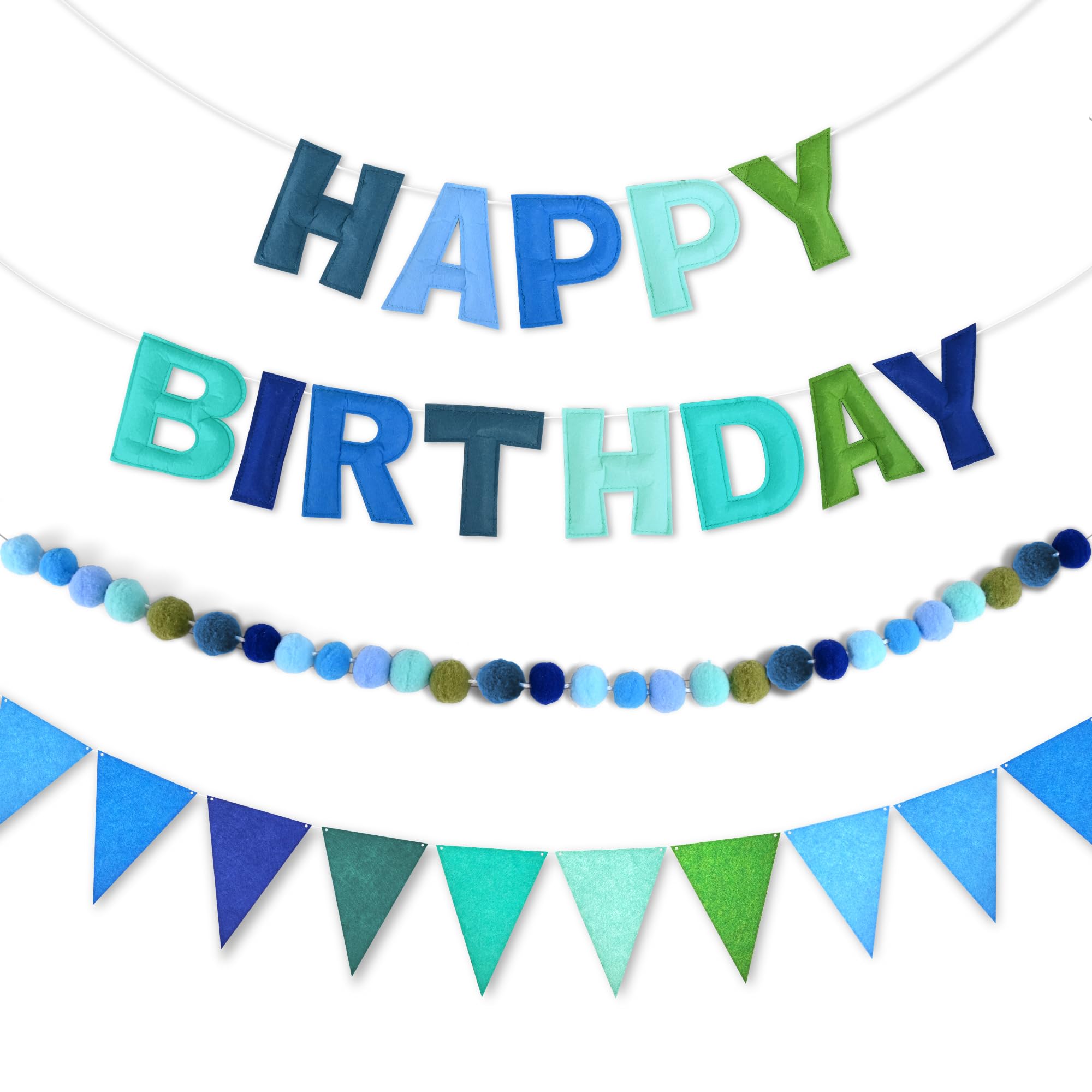 CANREVEL Pre-Strung 3D Happy Birthday Banner, 3 PCS Blue Felt Garland, Pom Pom Garland, Triangle Fabric Bunting, Reusable Blue Birthday Decorations
