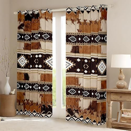 Miniatura 2 de Cortina de ventana de piel de vaca marrón, cortina de tratamiento de ventana de piel de vaca occidental, cortinas de rayas aztecas exóticas