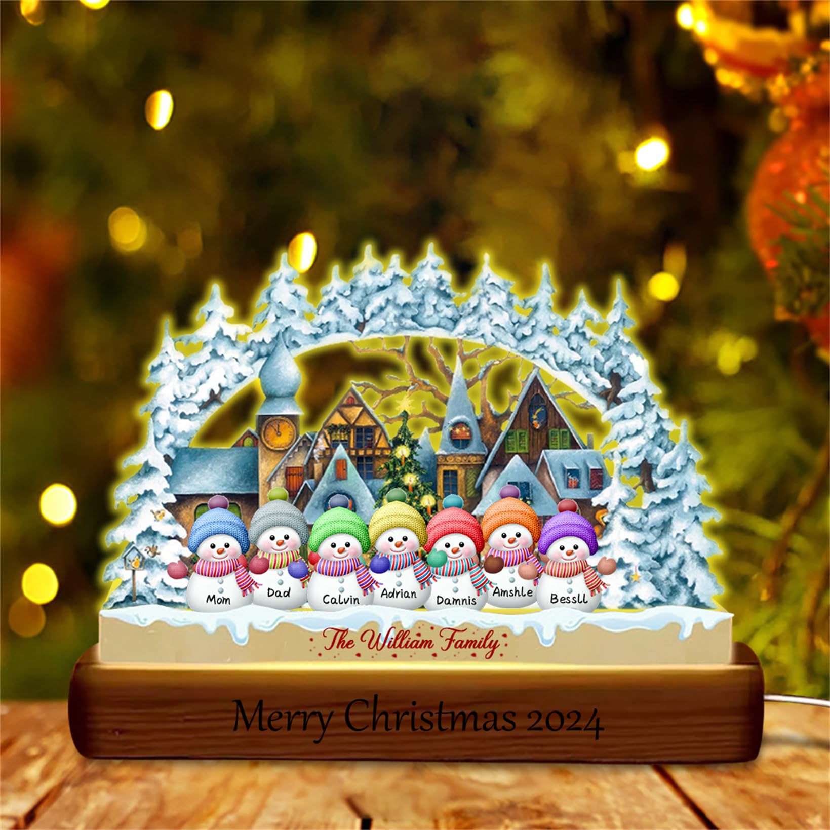 Personalized Christmas Snowman Acrylic Night Lights with 1-15 Snowman Names Snow Village Holiday LED Lamp Christmas Town Hut Lighted Table Decorations (Snowy Village Church Acrylic Lamp - 2)