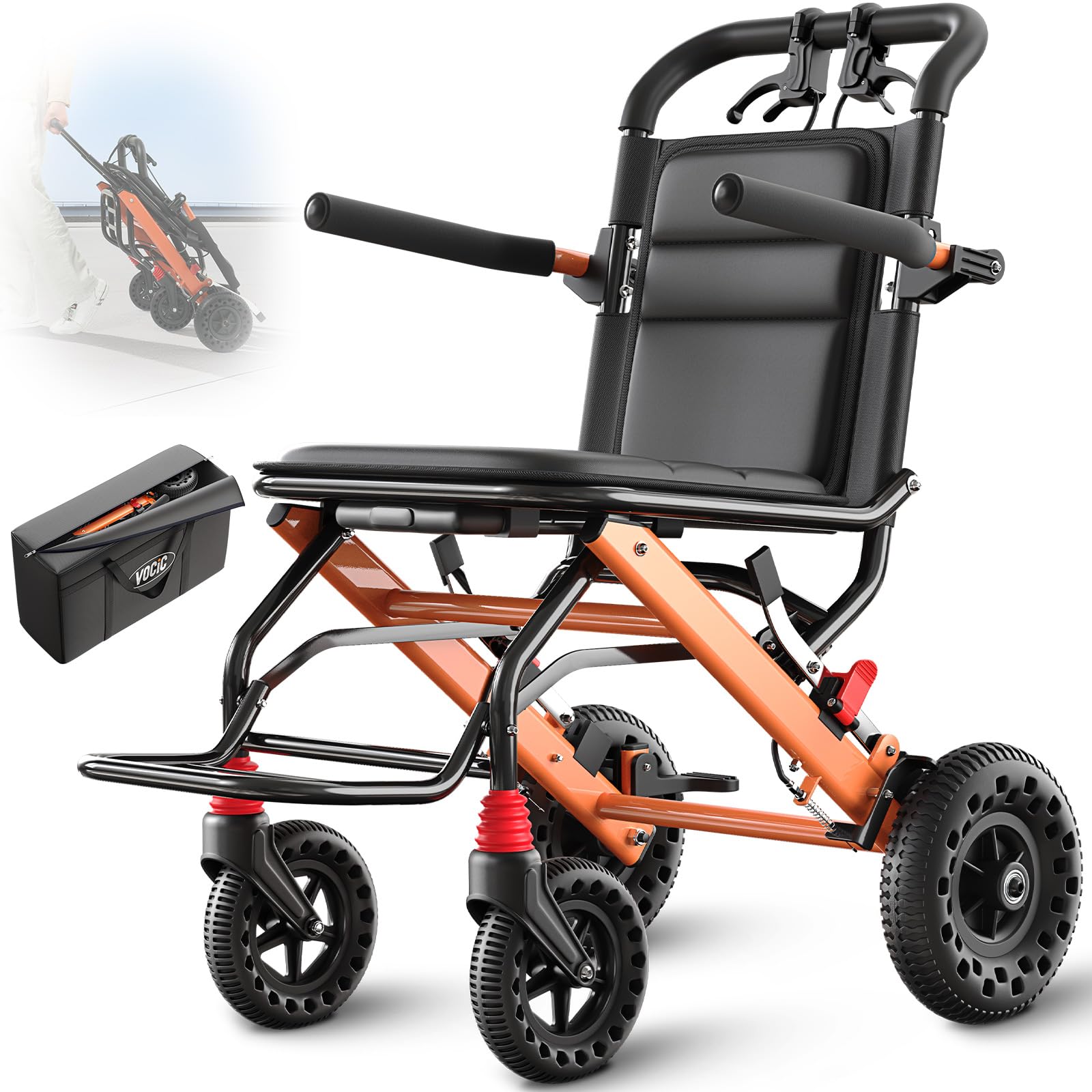 VOCIC U41 Wózek inwalidzki, składany, lekki, 8,6 kg, aluminium, ultralekki, przenośny, transportowy, składany, z oponą Honeycomb o wielkości 20 cm, wąski wózek inwalidzki do mieszkania, pomarańczowy